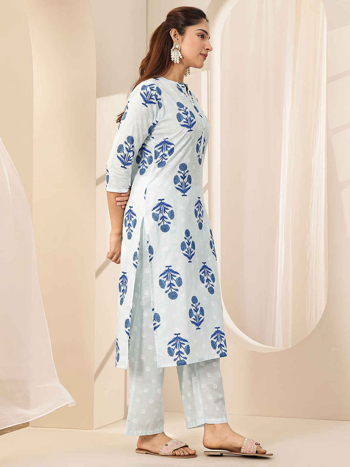 Libas Women's Cotton Straight Suit Sets With Dupatta | 99576H | Blue - L