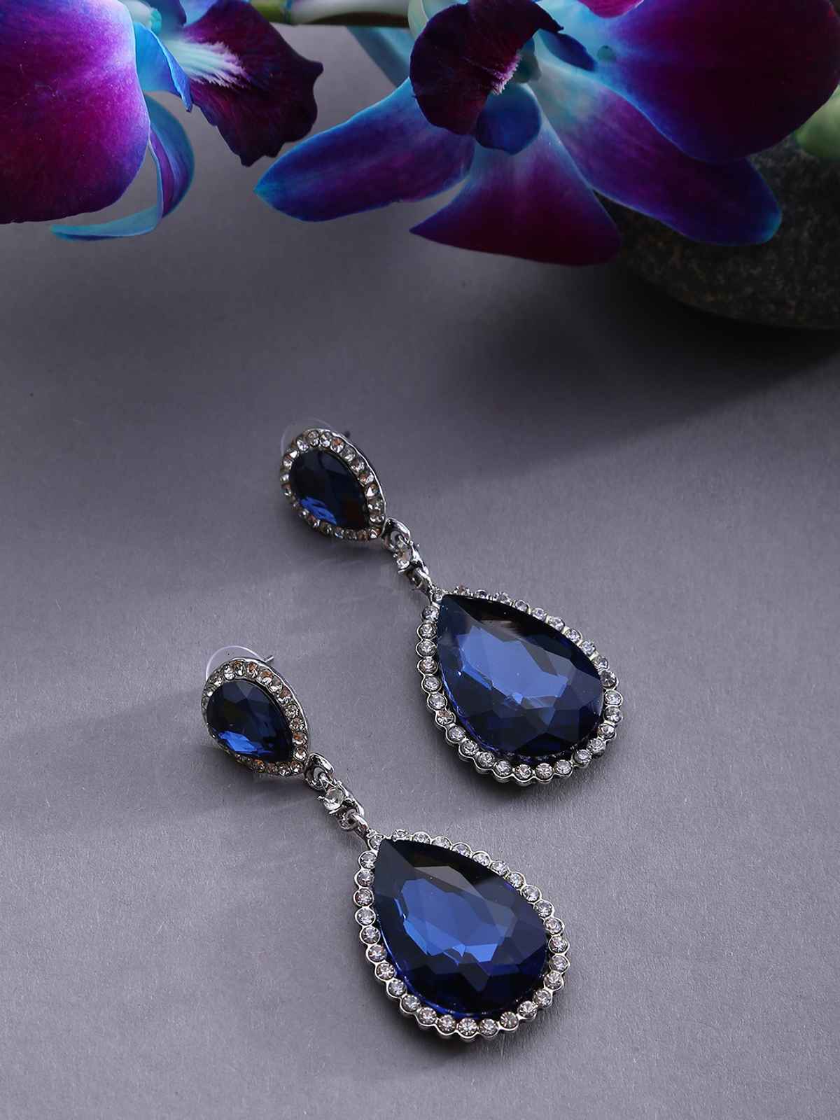 Sohi Navy Blue Silver Toned Teardrop Shaped Drop Earrings For Women's