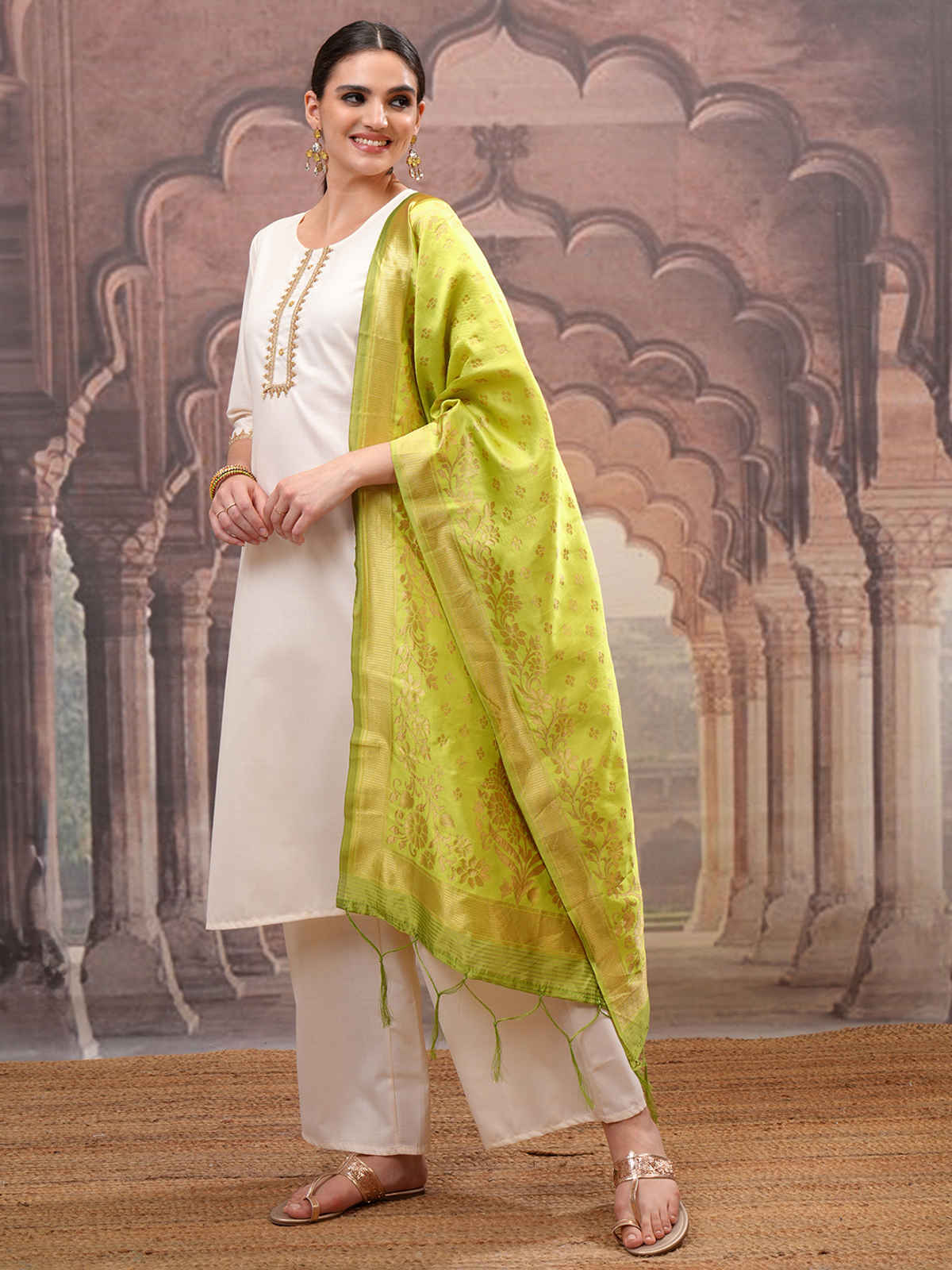 Vishudh Women's Embroidered Straight Kurta with Palazzo & Dupatta | Cream | L