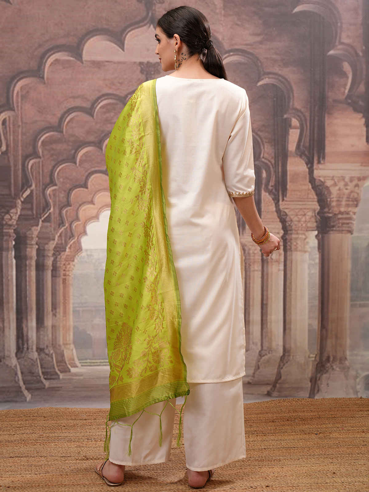 Vishudh Women's Embroidered Straight Kurta with Palazzo & Dupatta | Cream | L