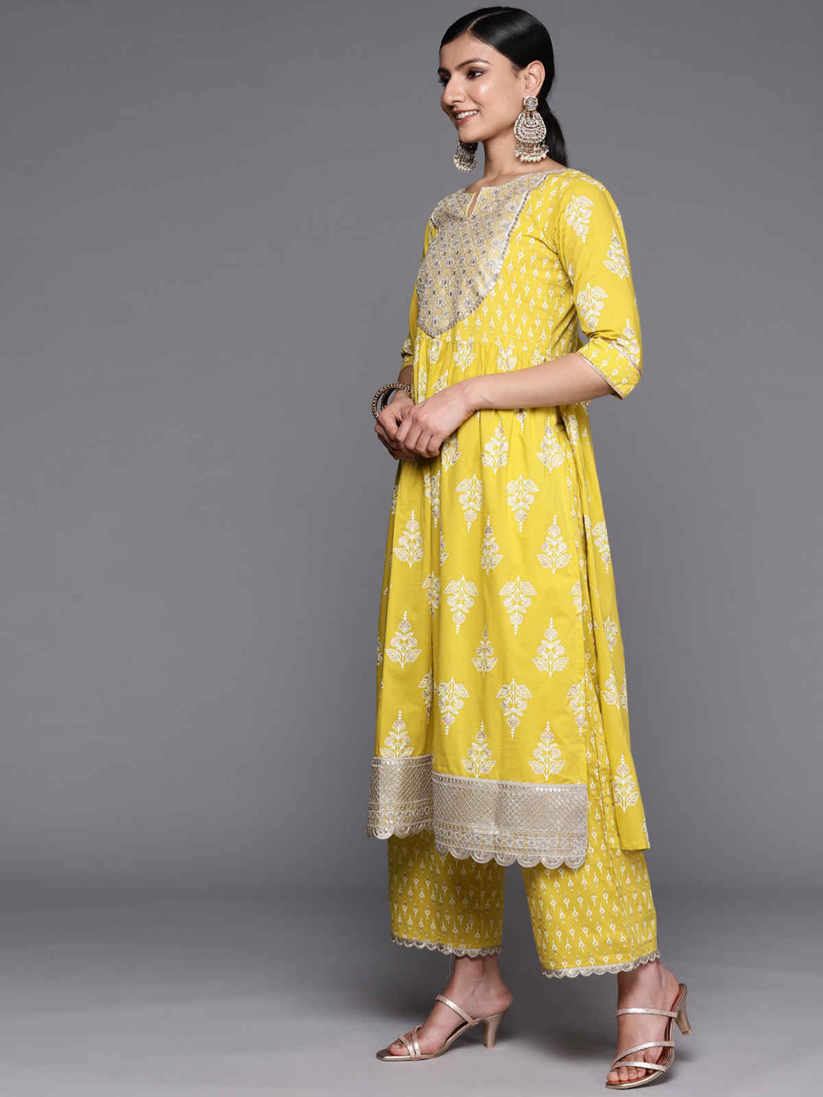 Libas Yoke Design Cotton A-Line Kurta With Palazzos & Dupatta | 34252R | Mustard - M