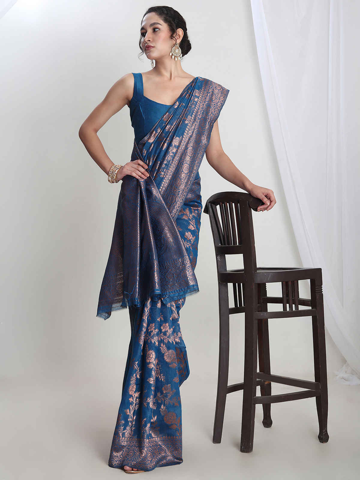 Janasya Women's Silk Blend Floral Woven Design Jacquard Saree with Blouse Piece | SAR612 | Blue