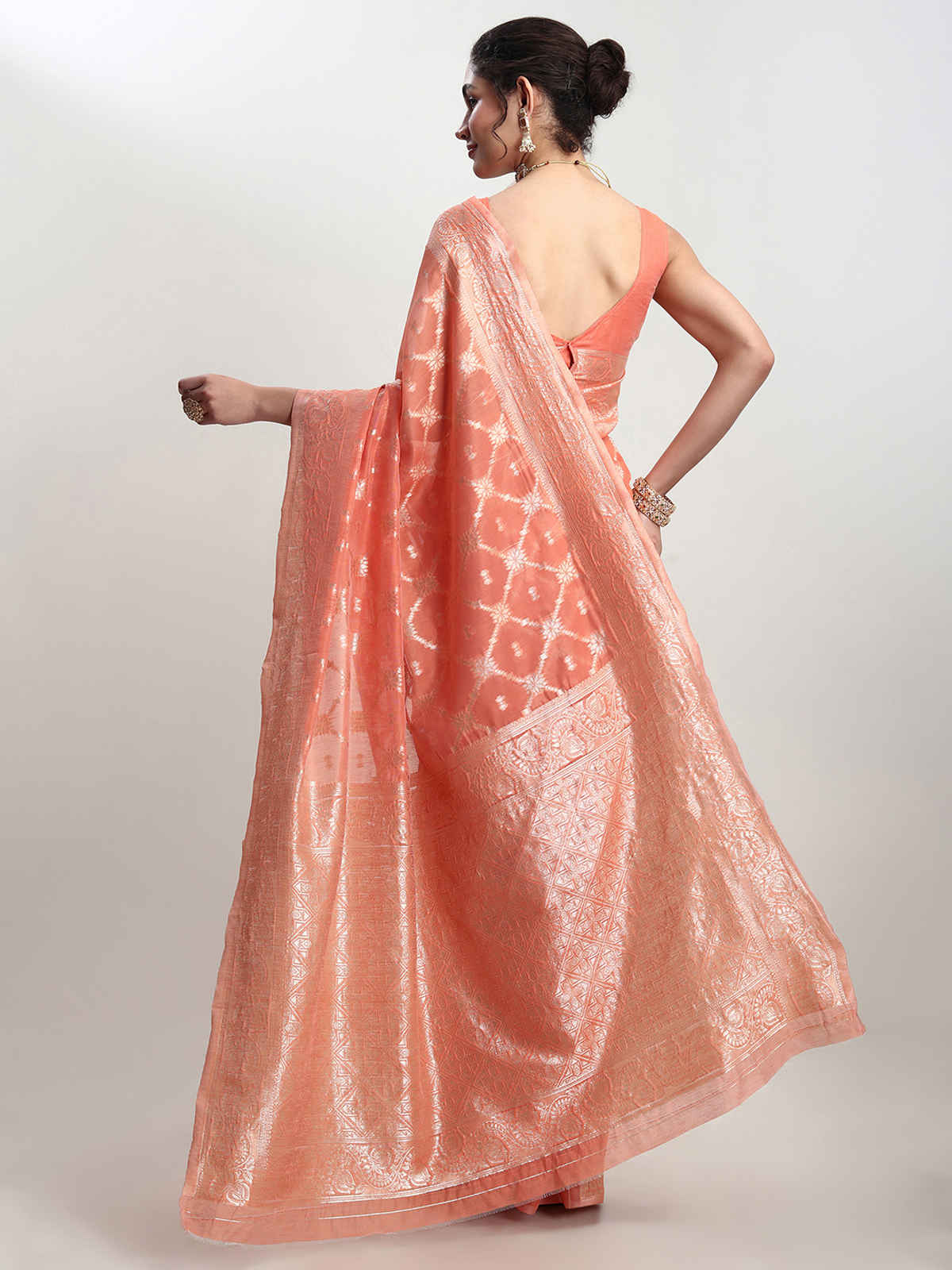 Janasya Women's Silk Blend Geometric Woven Design Jacquard Saree with Blouse Piece | SAR643 | Peach