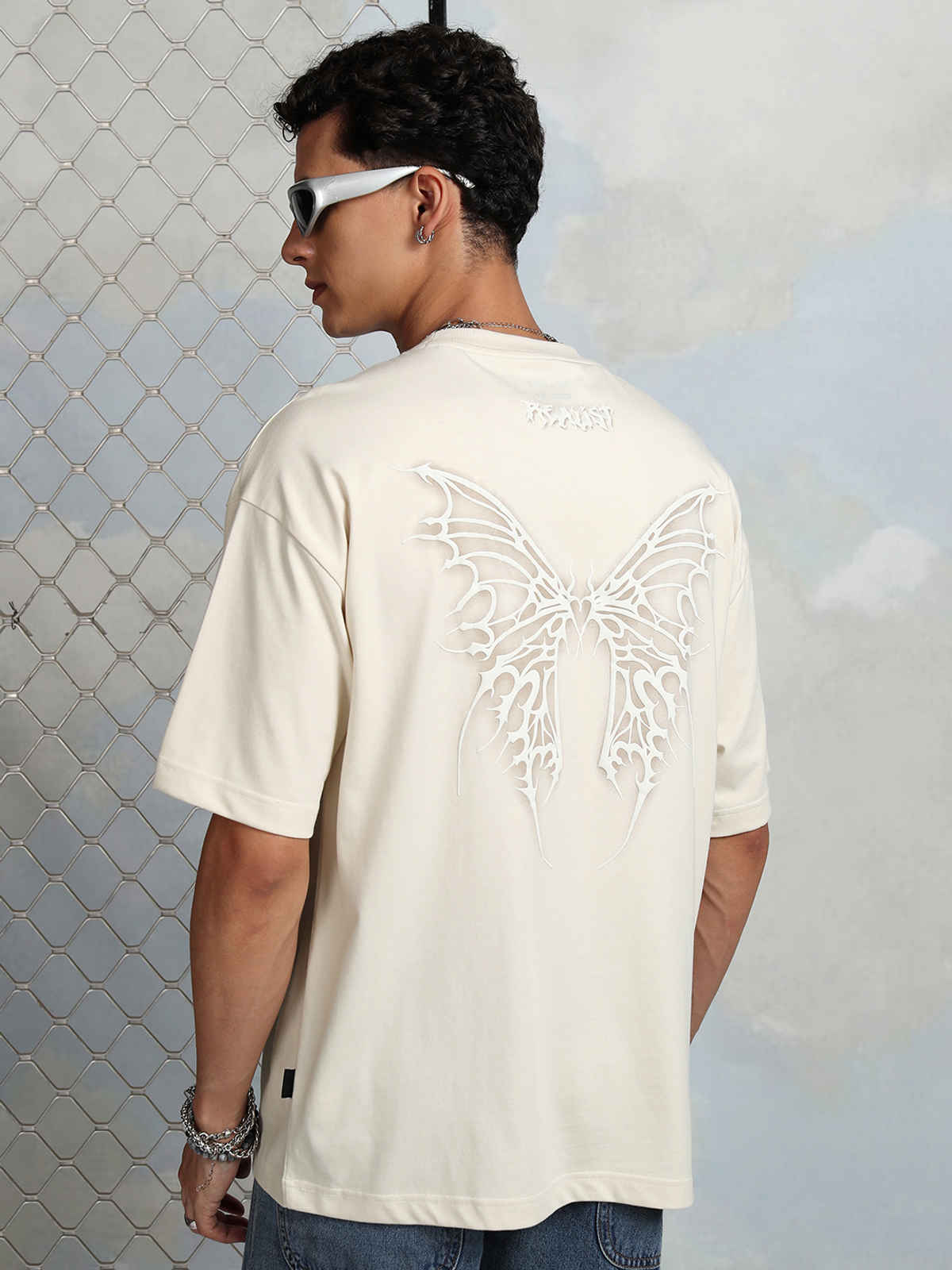 Highlander Men's Puff Printed Cream Round Neck Half Sleeve Oversized T Shirt |Cream |L