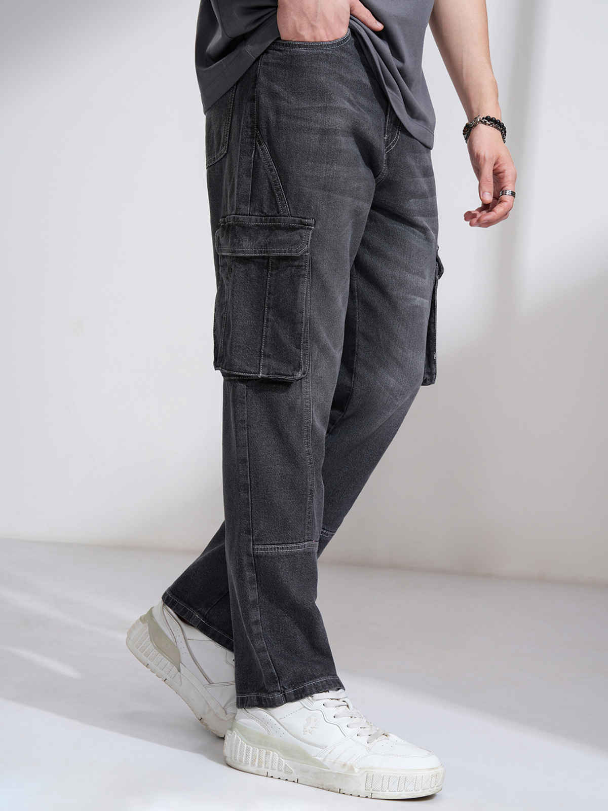 Highlander Men's Charcoal High Rise Straight Fit Cargo Jeans | Grey - 30