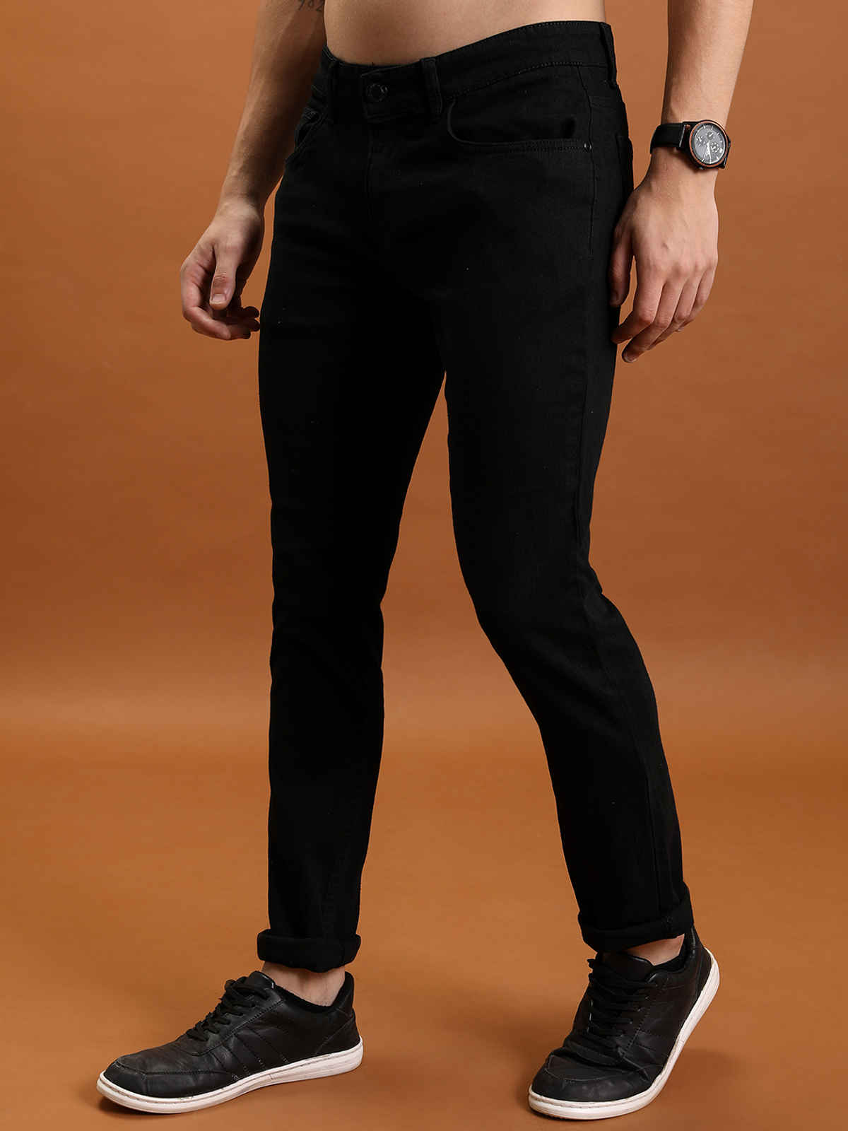 Highlander Men's Straight Fit Mid-Rise Clean Look Stretchable Jeans | Black - 34