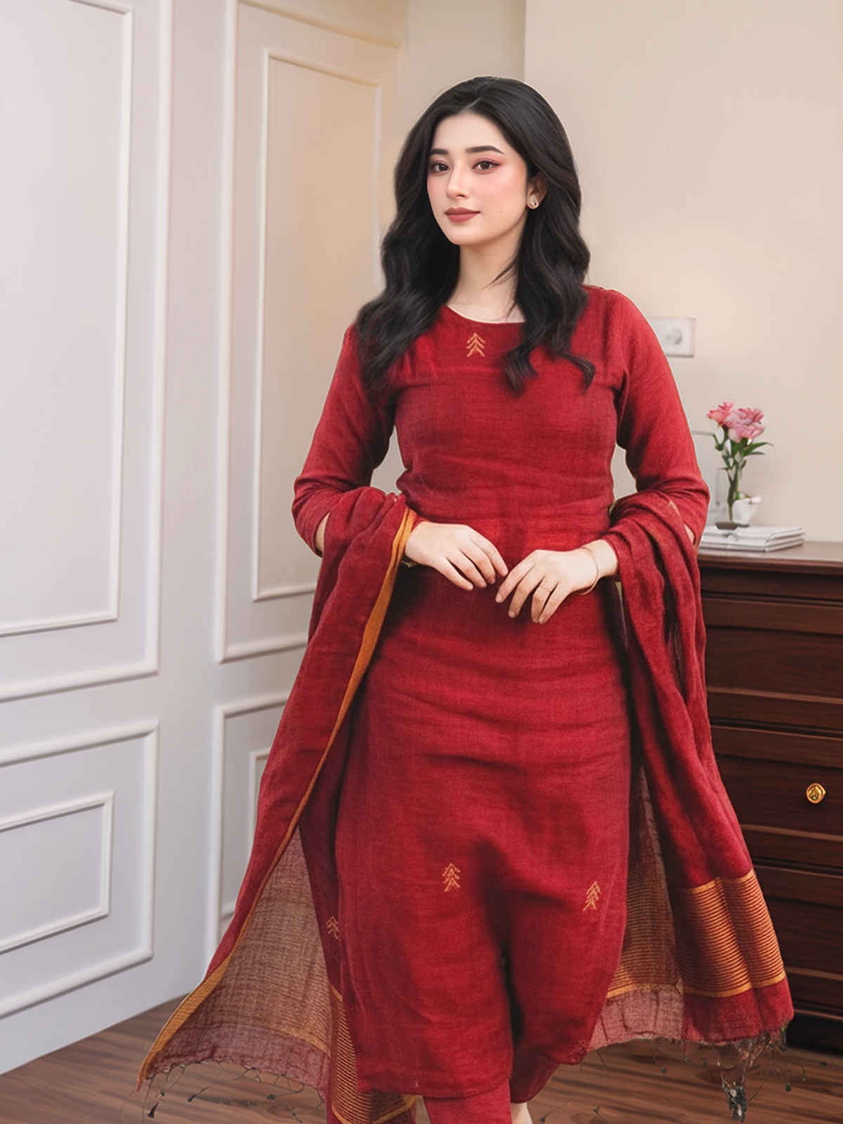 GoSriKi Women's Rayon Blend Printed Straight Kurta Set With Dupatta | Maroon - S