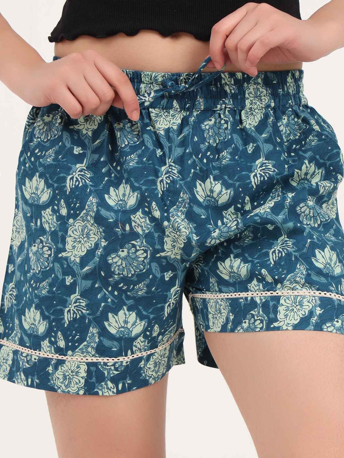 Divena Green Ethnic Motif Print Cotton Shorts for Women | DK0261 - S