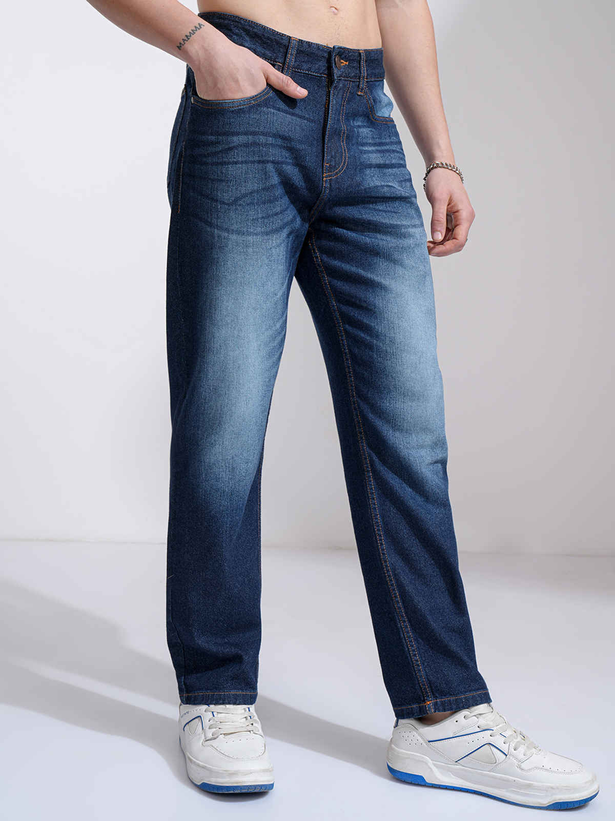 Highlander Men's Washed Relaxed Fit Jeans | Blue Indigo - 30