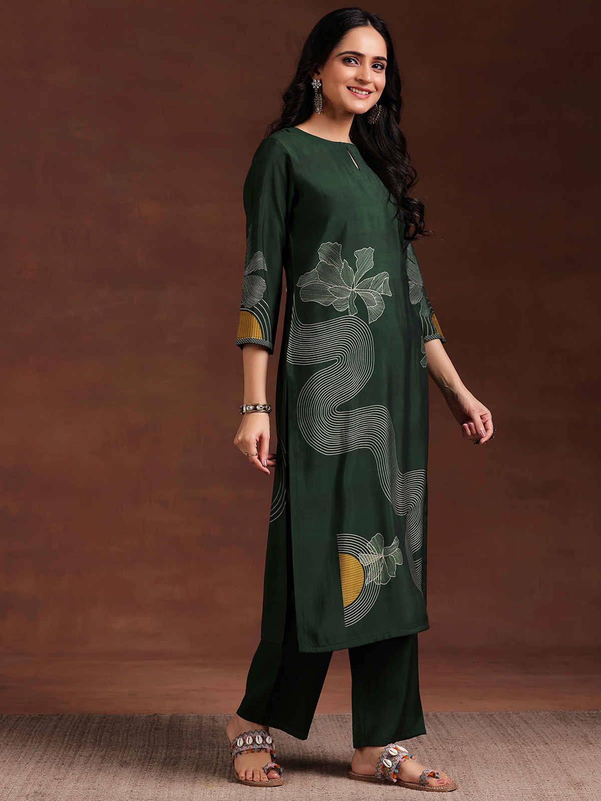 Libas Printed Silk Blend Straight Suit With Dupatta | 36771OH | Green - M