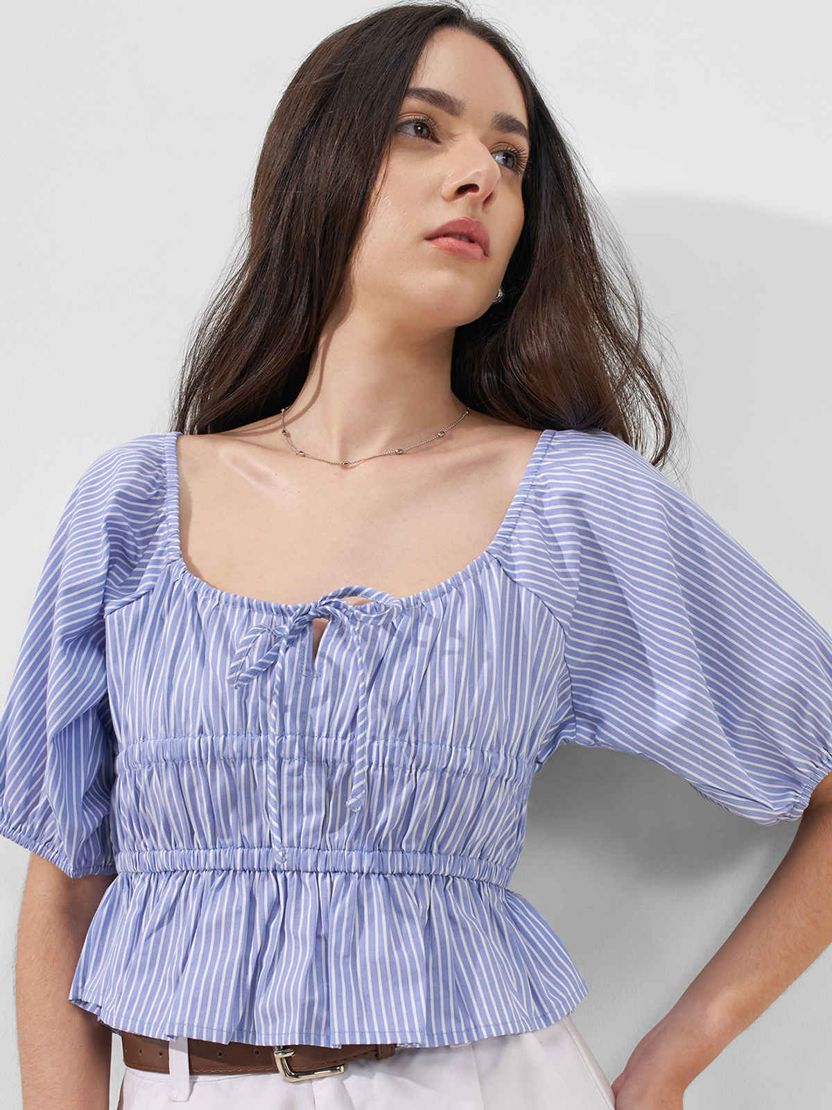 Tokyo Talkies Women Stripe Square Neckline Smocked Top | BLUE | XL