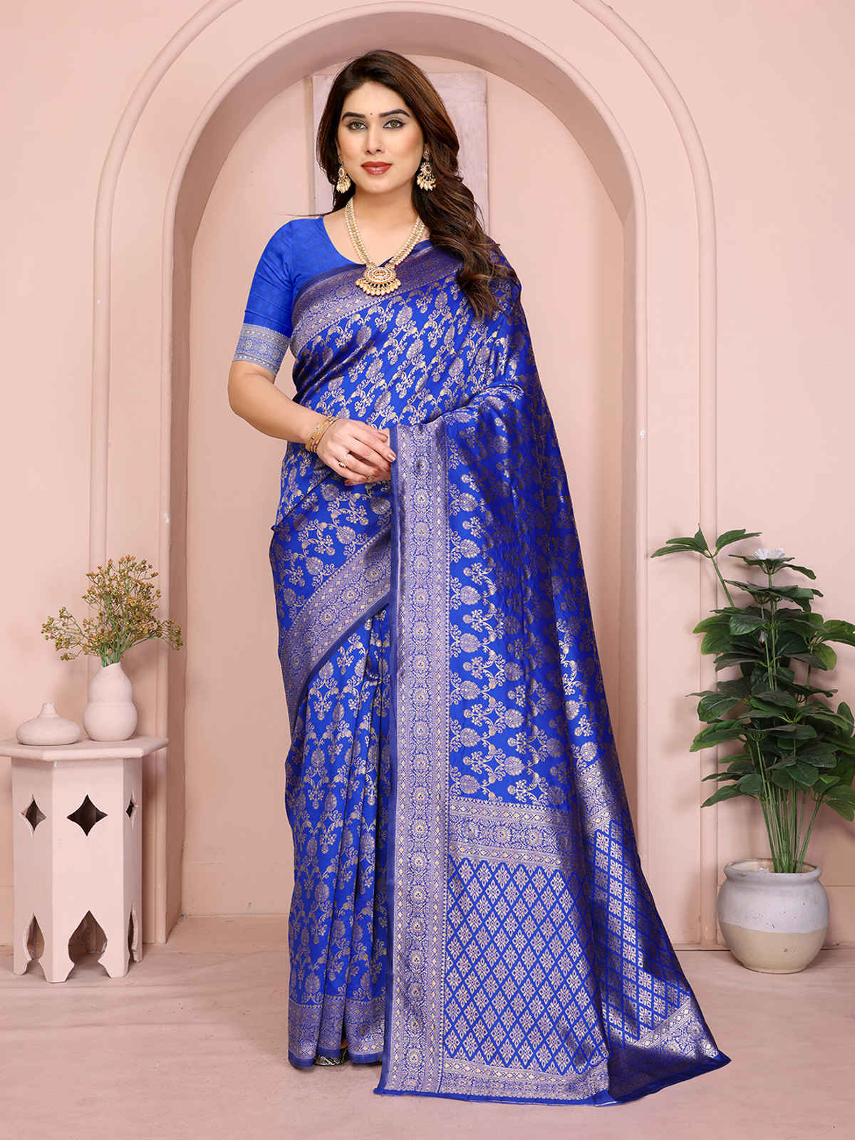 Hema Silk Mills Women Woven Banarasi Silk Blend Saree | Royal Blue