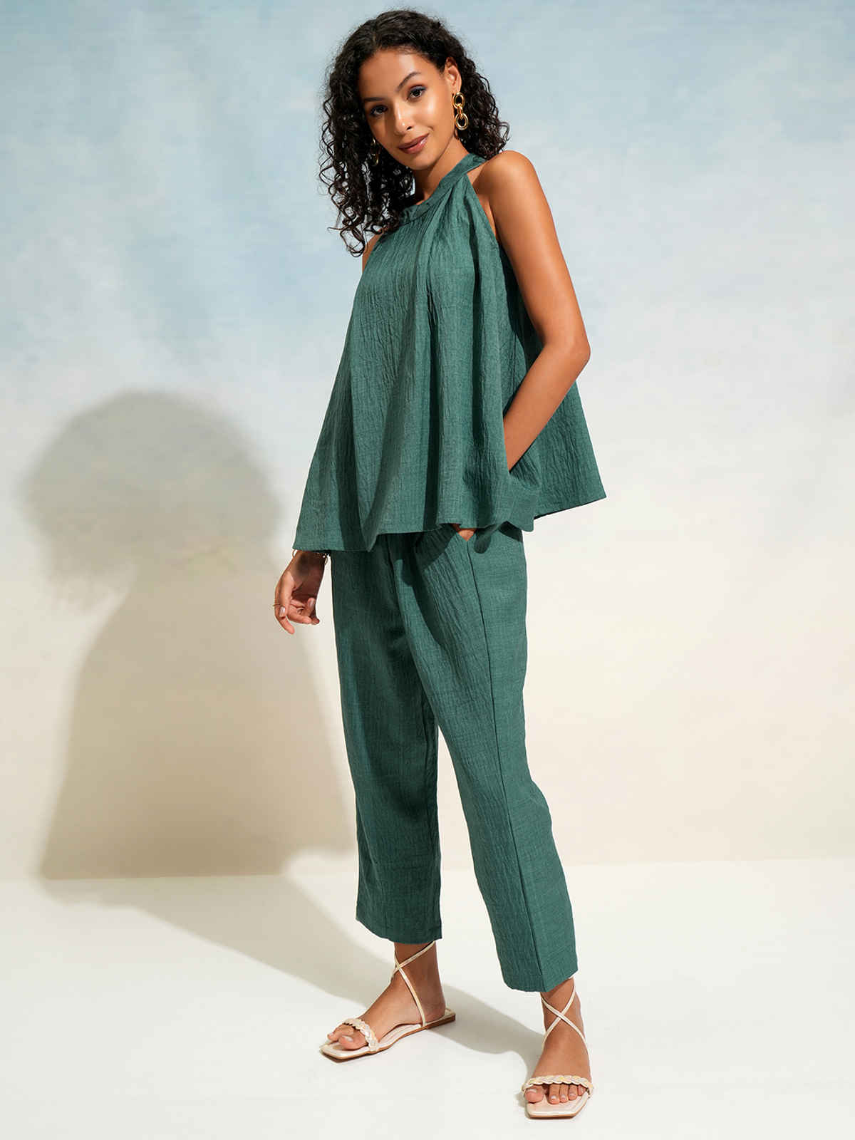 Tokyo Talkies Women's Solid Relaxed Top & Trouser Co-Ord Set | Teal - L