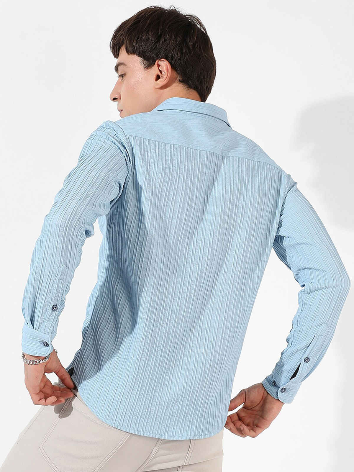 Campus Sutra Men's Polyester Blend Self-Design Striped Shirt | Blue | M