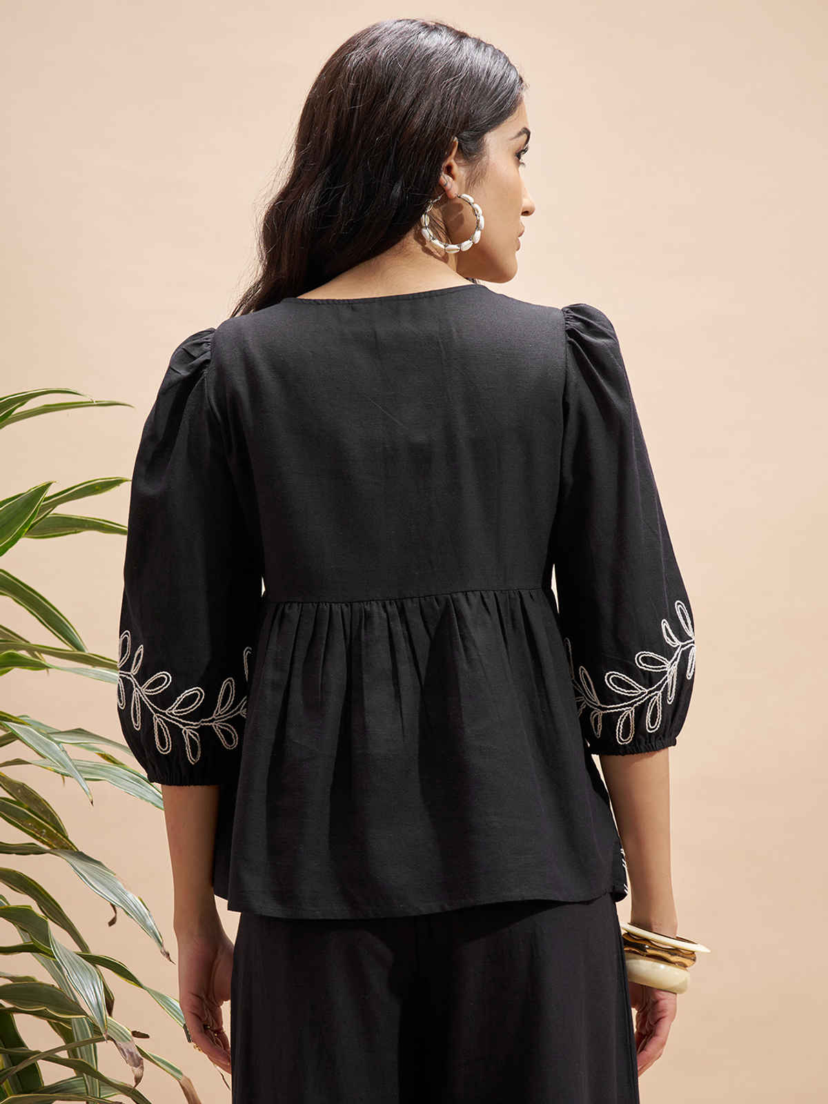 Vara By Vishudh Women's Embroidered Gathered Top | Black - L