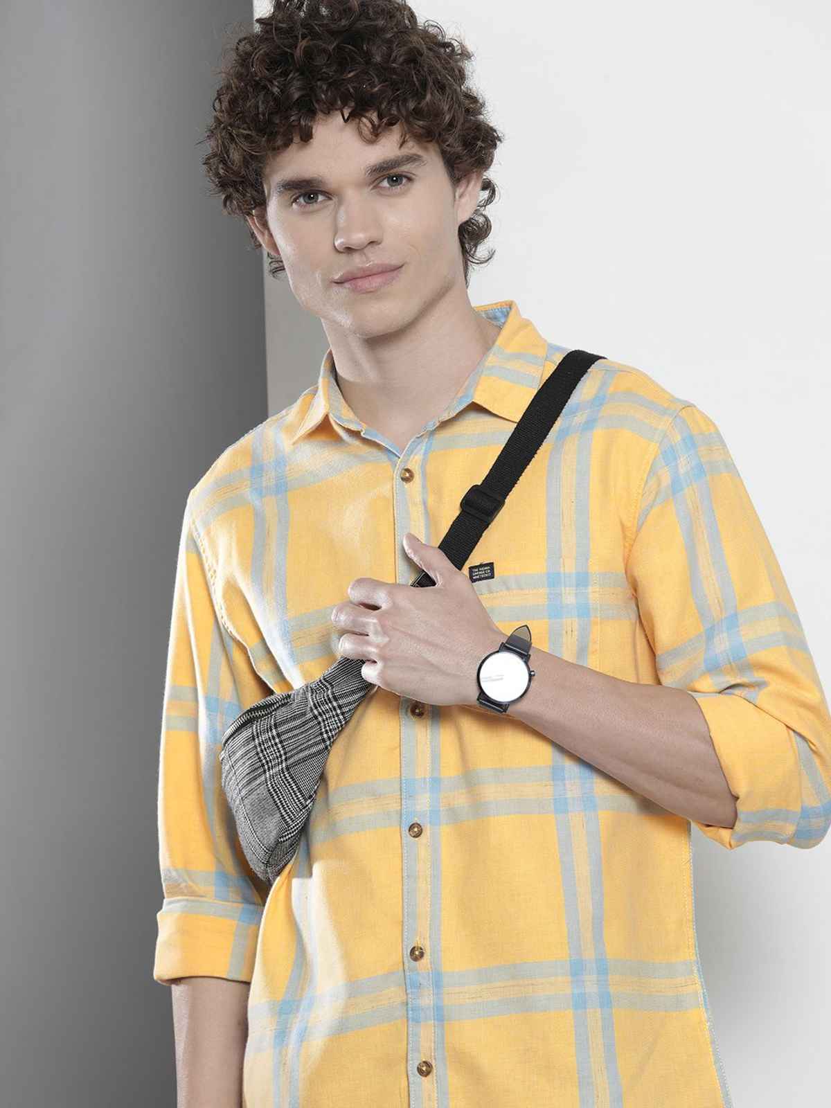 The Indian Garage Co Men's Regular Fit Checked Casual Shirt | Yellow - XXL
