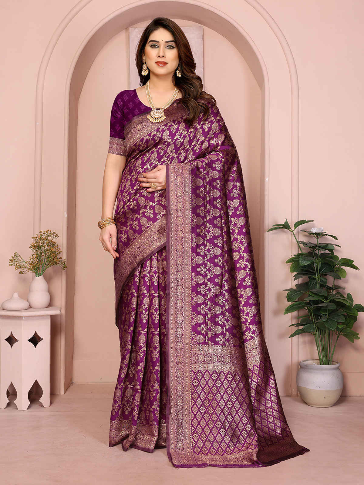 Hema Silk Mills Women Woven Banarasi Silk Blend Saree | Wine