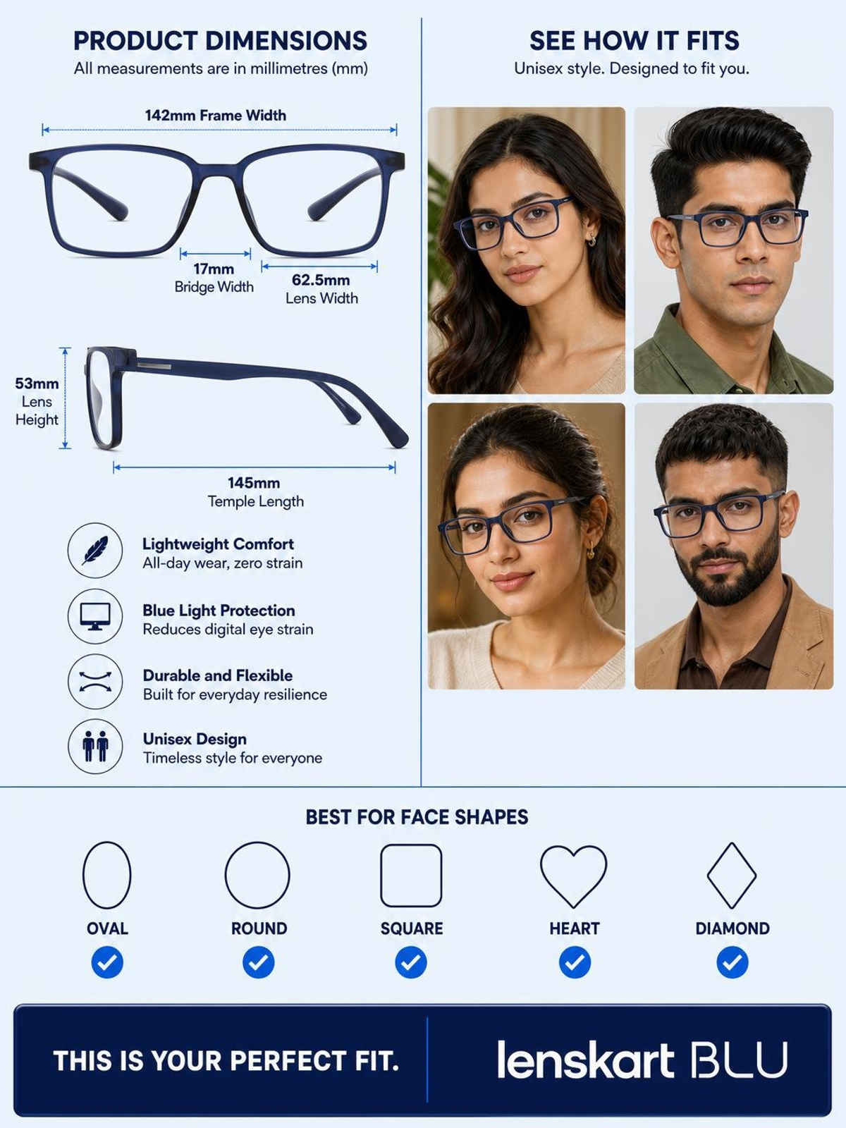 Lenskart Blu Unisex Block Print TR90 Computer Glasses | Blue - L