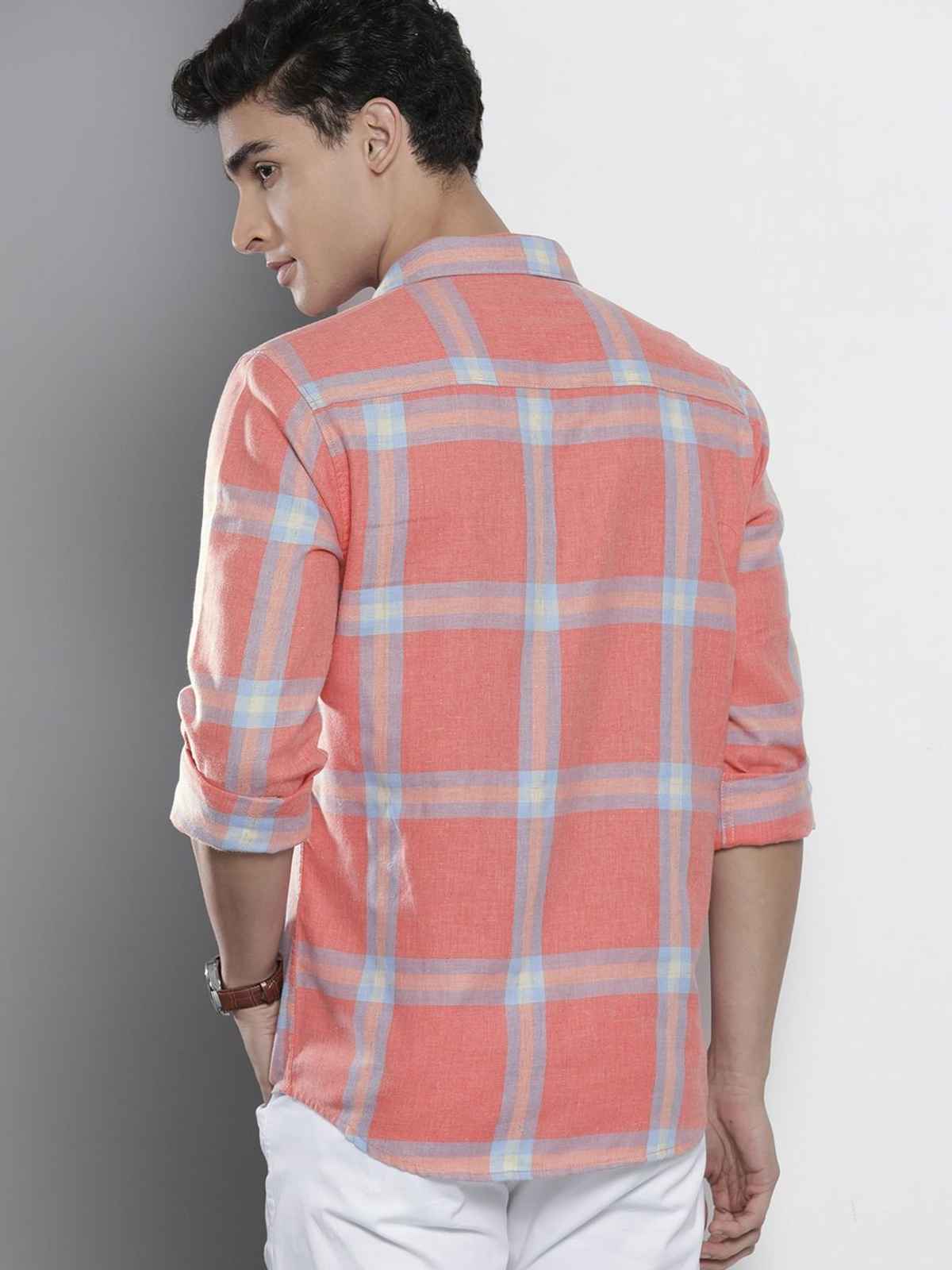 The Indian Garage Co Men's Regular Fit Checked Casual Shirt | Coral - XL