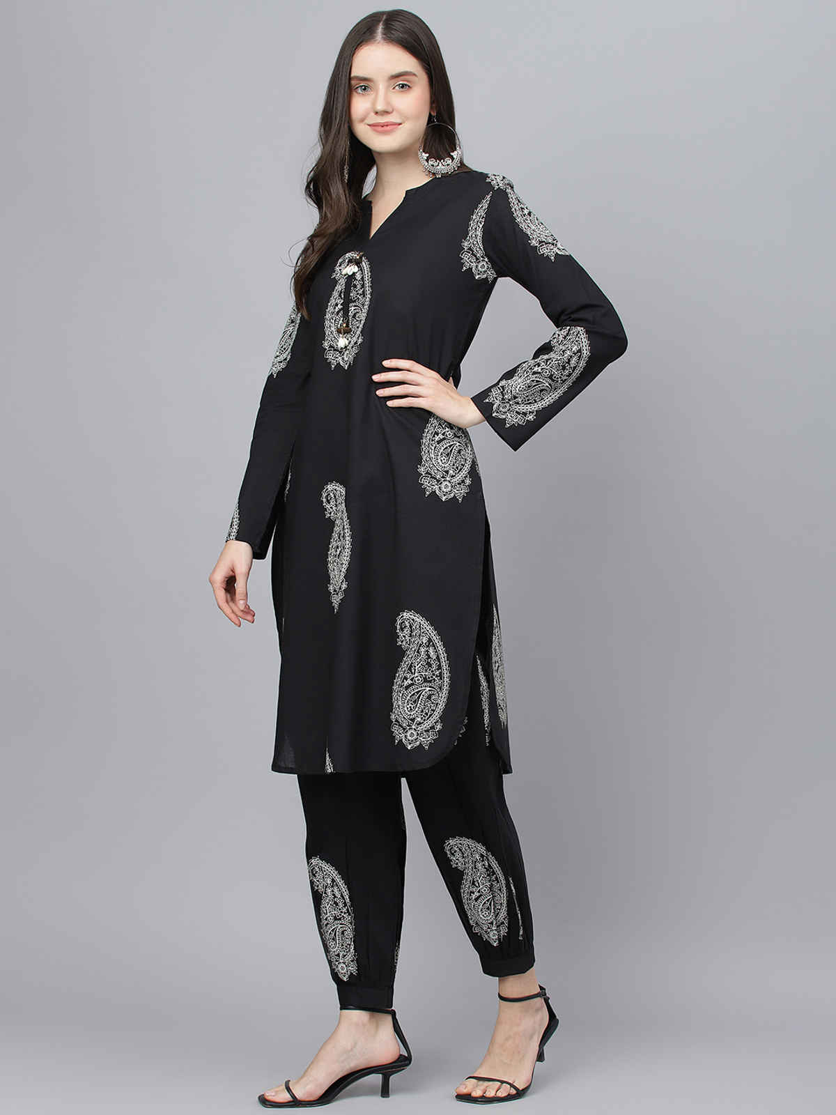 Divena Women's Cotton Straight Kurta with Curve Hem Pant Set | DK0800 | Black - M