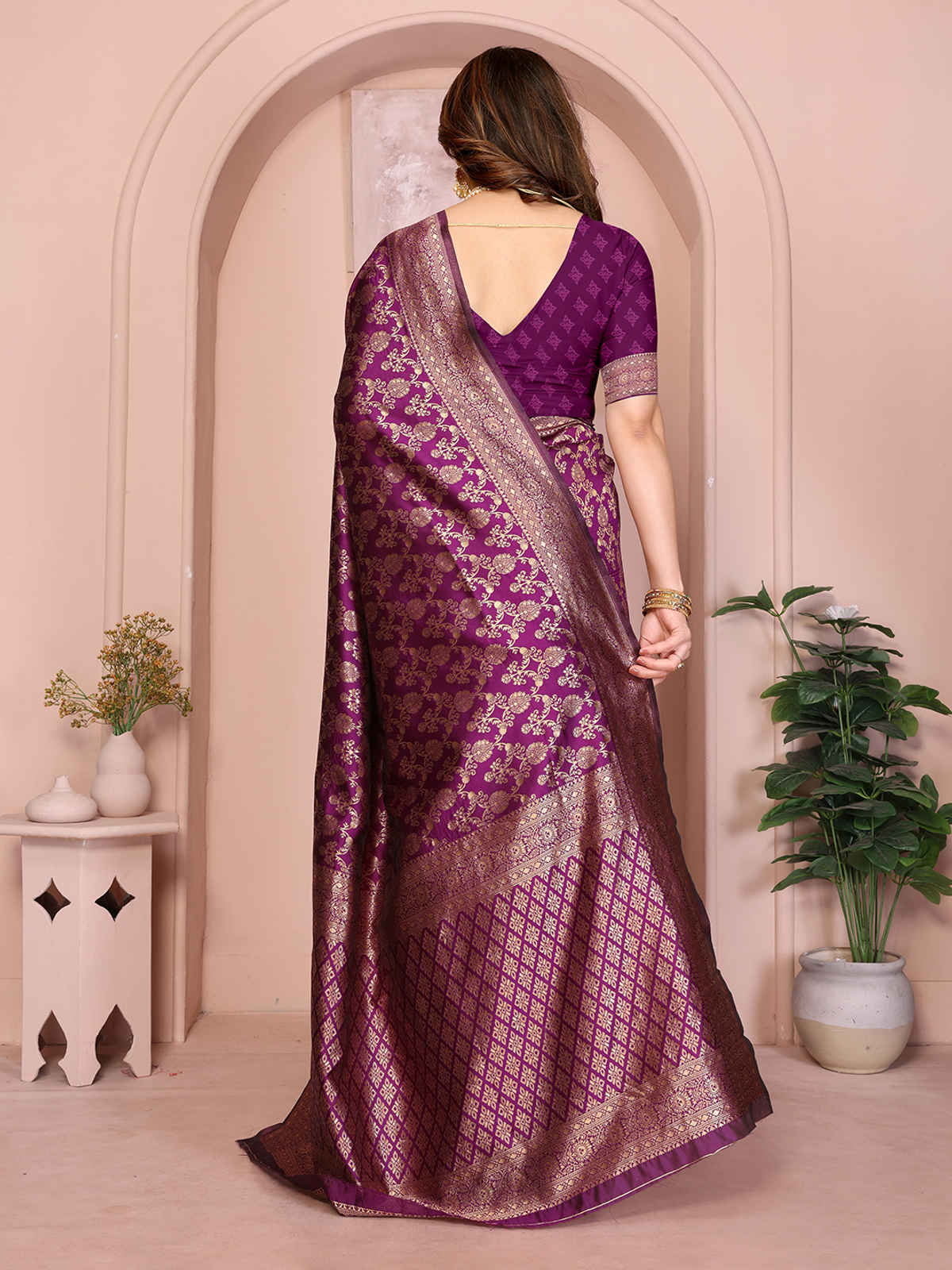 Hema Silk Mills Women Woven Banarasi Silk Blend Saree | Wine