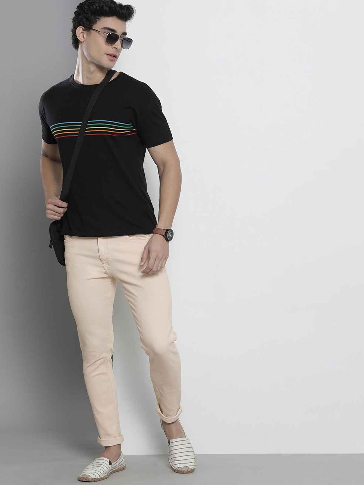 The Indian Garage Co Men | Slim Fit Solid Casual Jeans | Light Beige | 34