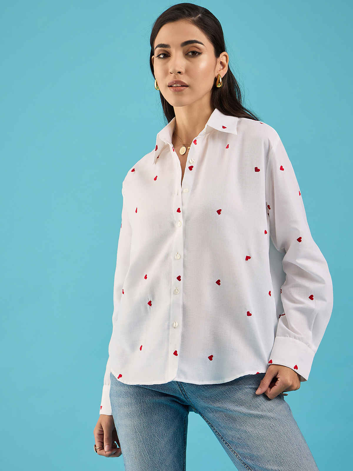 Uptownie Women's Embroidered Cotton Shirt with Hearts | 120018879 | White | S