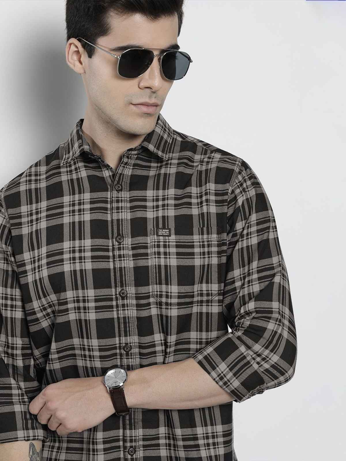 The Indian Garage Co Men's Regular Fit Checked Casual Shirt | Black - M