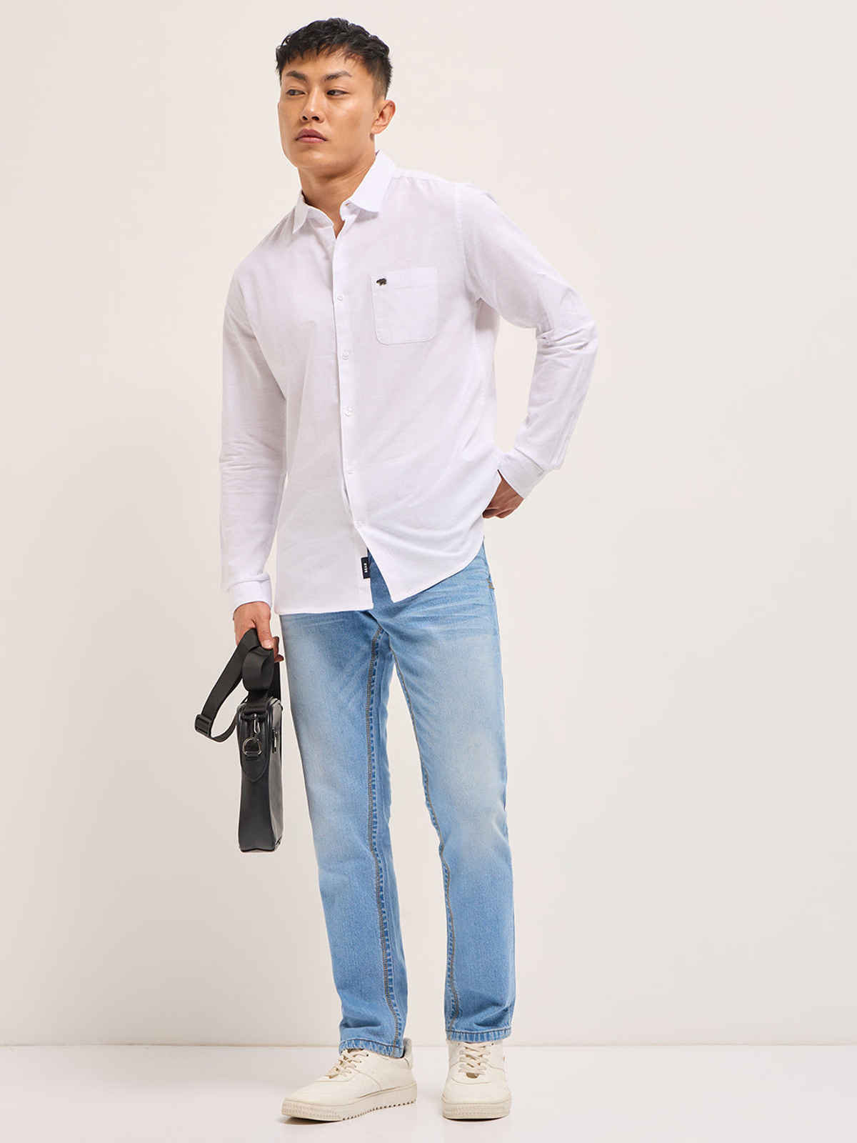 The Bear House Men's Cotton Linen Slim Fit Solid Casual Shirt | White - S