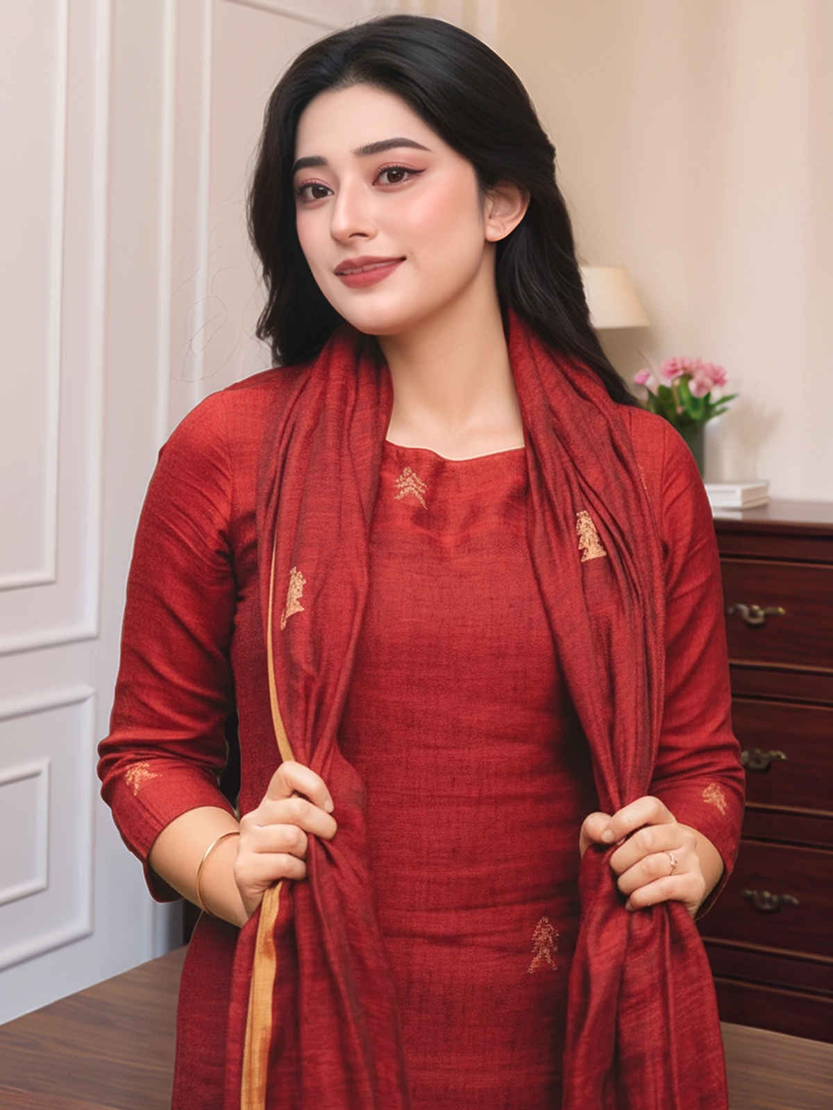 GoSriKi Women's Rayon Blend Printed Straight Kurta Set With Dupatta | Maroon - S