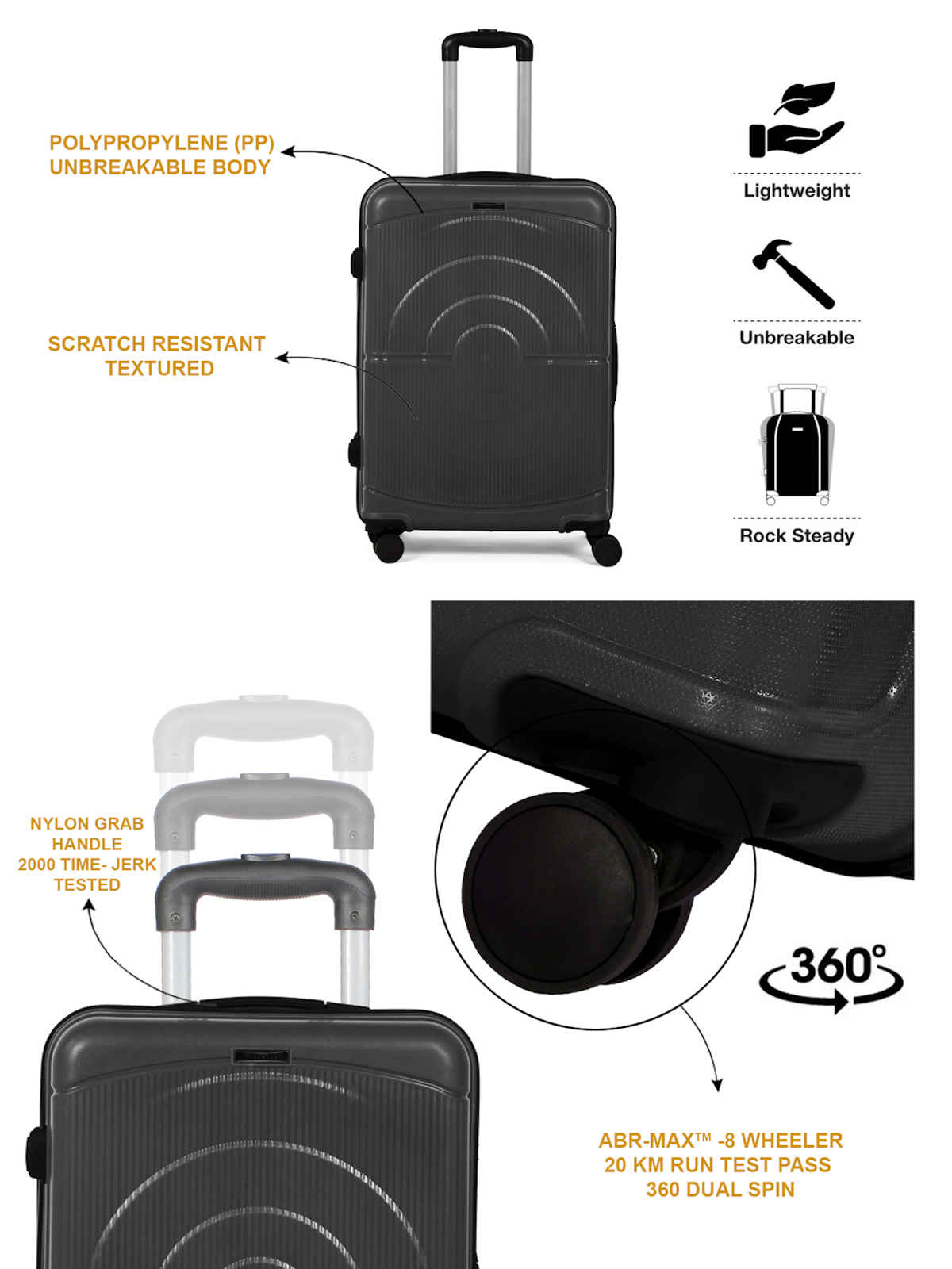 Teakwood Textured PP 40 L Retractable Hard Luggage | Grey - 55 cm