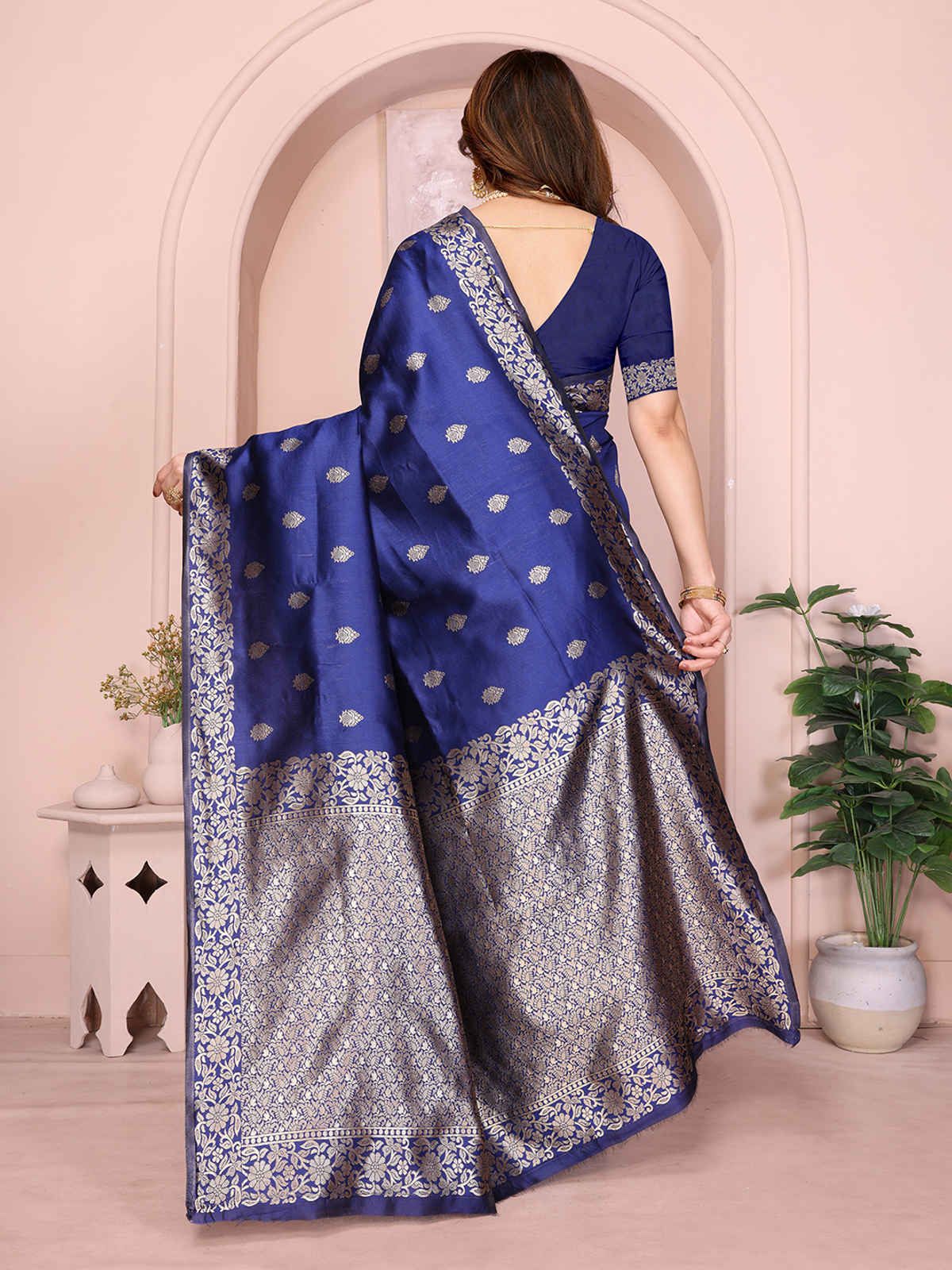 Hema Silk Mills Women Woven Banarasi Silk Blend Saree | Royal Blue