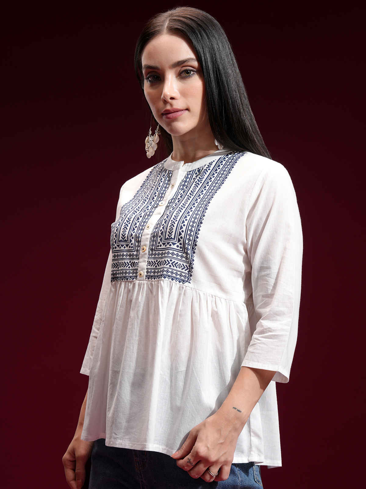 Vishudh Women's Geometric Printed Mandarin Collar Empire Top | Off White | XL
