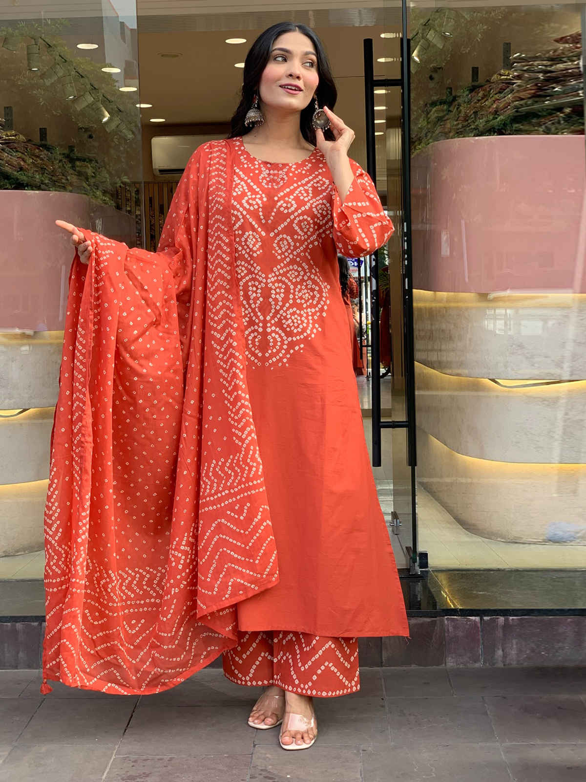 GoSriKi Women's Rayon Blend Printed Straight Kurta Set With Dupatta | ORANGE | L