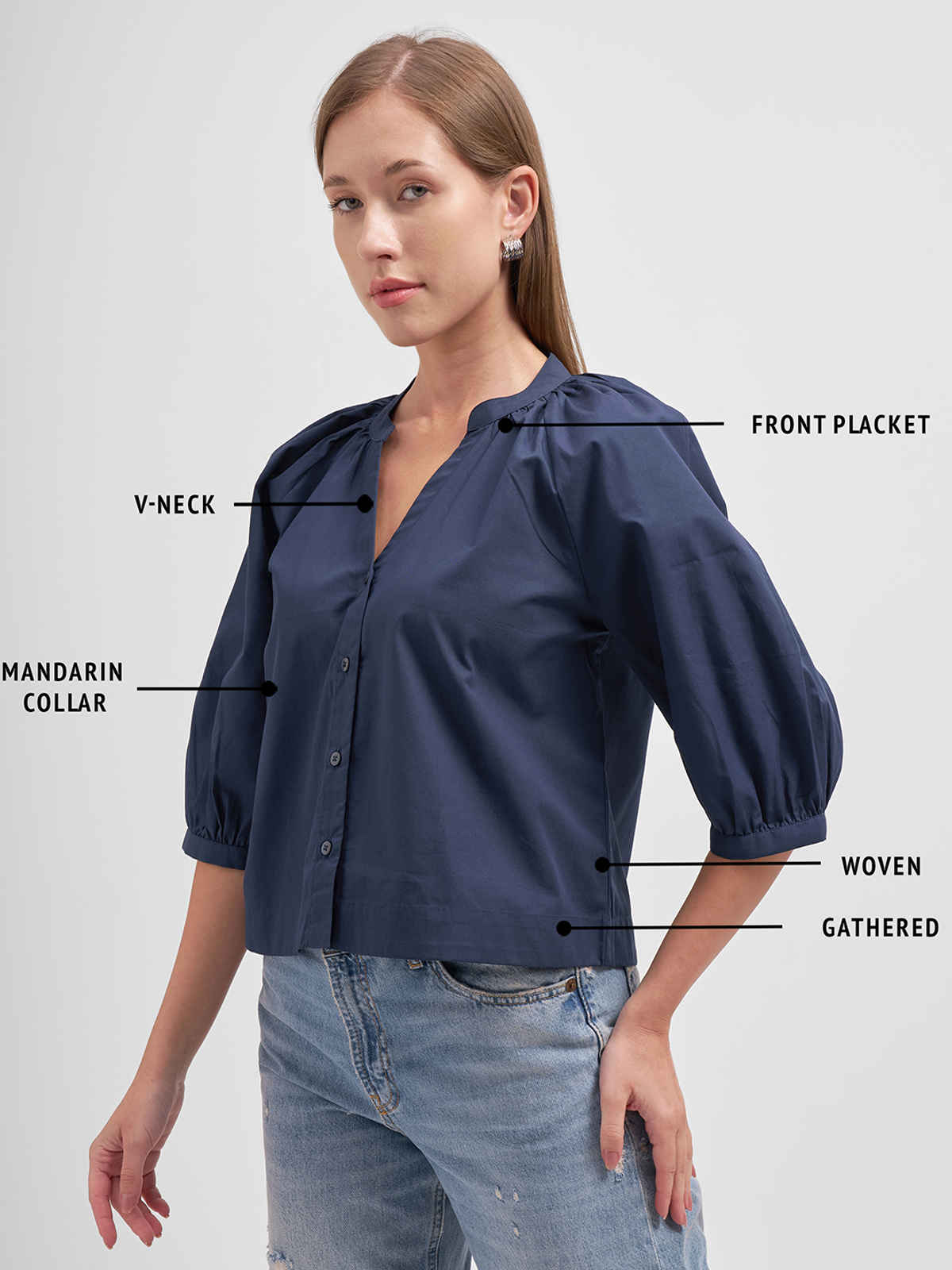 Tokyo Talkies Women Manderin Collar 3/4Th Sleeve V Neck Front Placket Blouse | NAVY | S