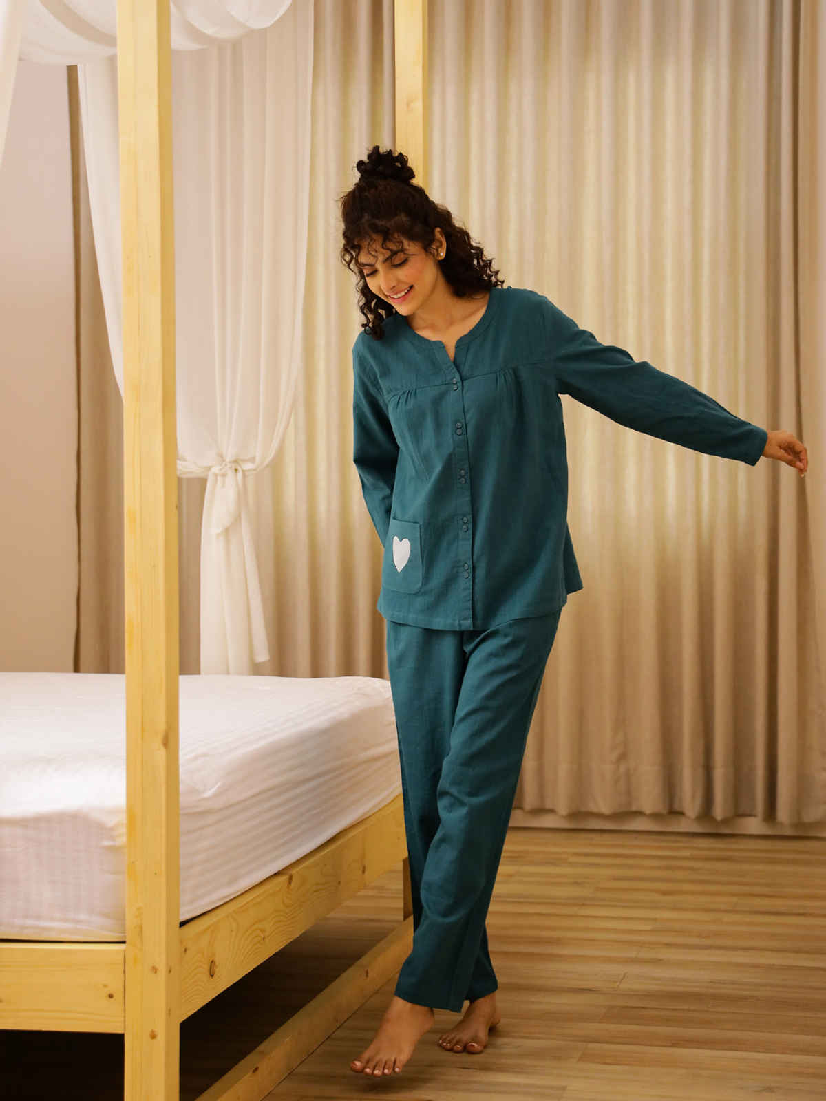 Sanskrutihomes Women's Pure Cotton Night suits | SE-NSP-707 | Teal - S