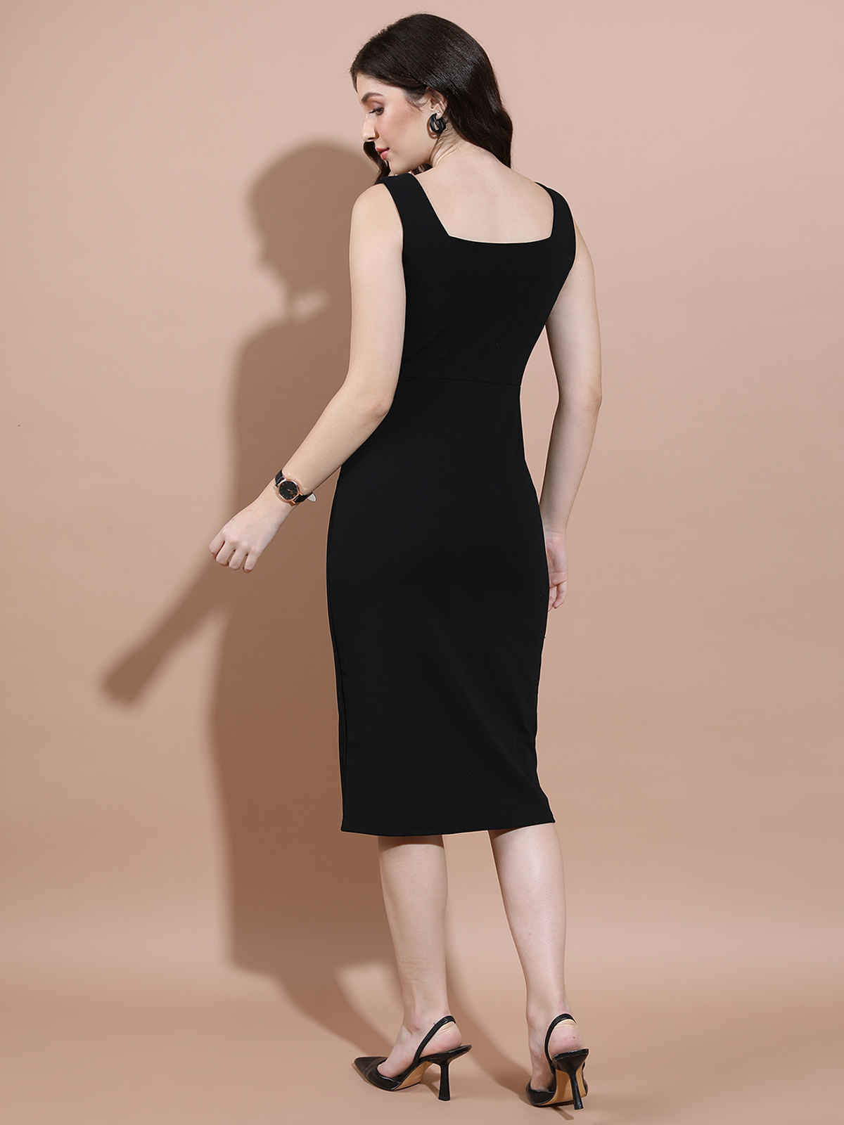 Tokyo Talkies Women Bodycon Black Knee Length Dress | Black - L
