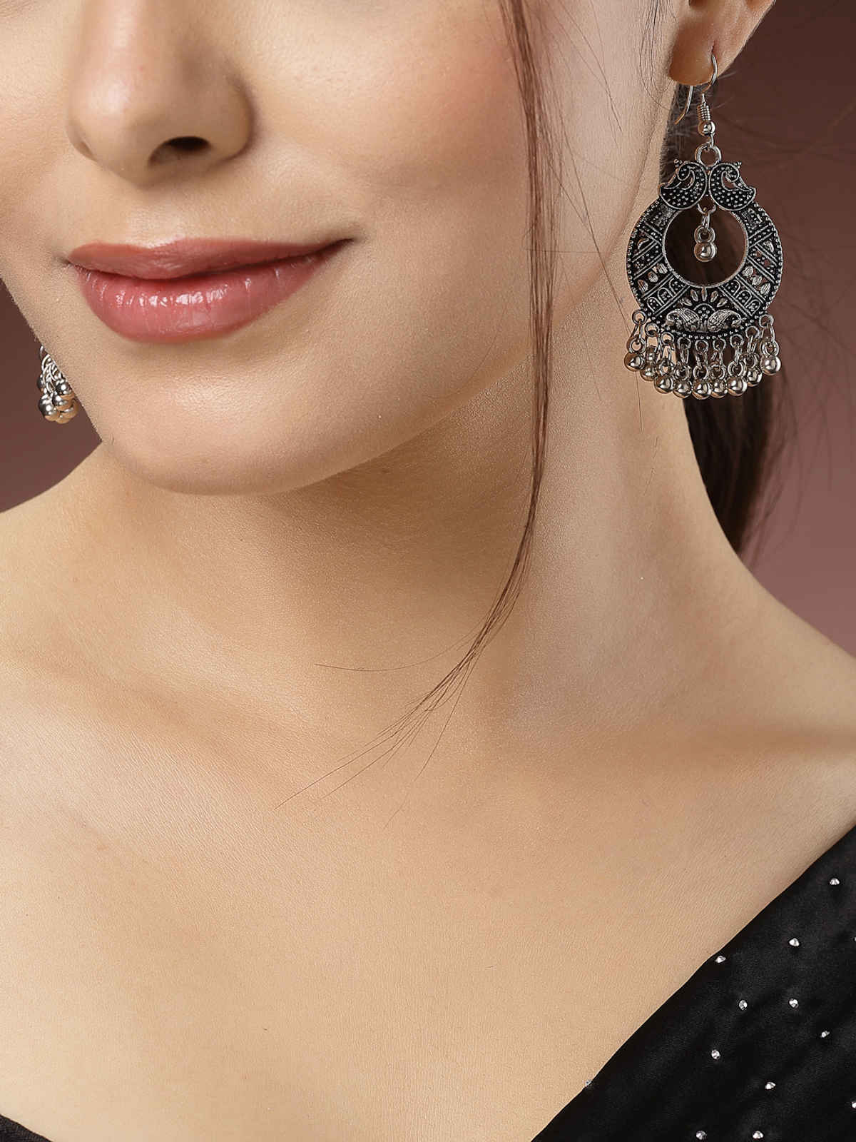 NVR Women German Silver Oxidised Dome Shaped Boho Chic Jhumka Earrings
