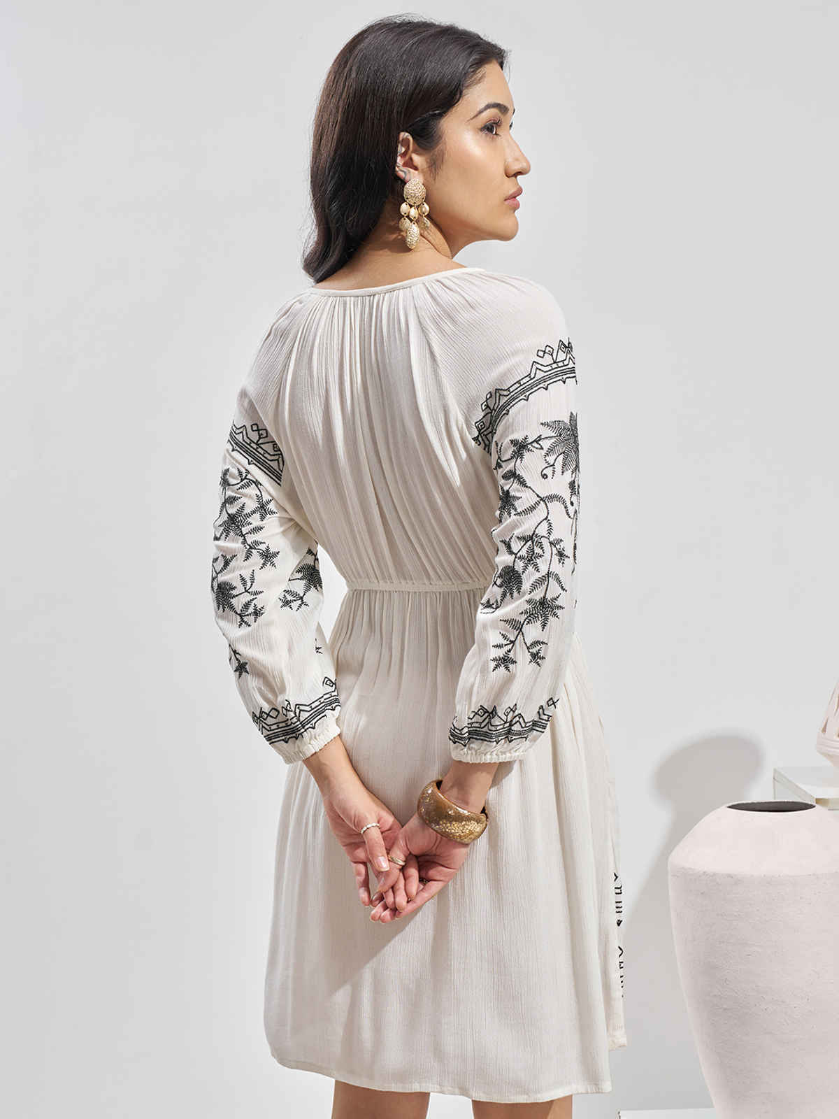 Vara By Vishudh Women's Viscose Gauze Embroiderd Round Neck Short Dress | Off White - S