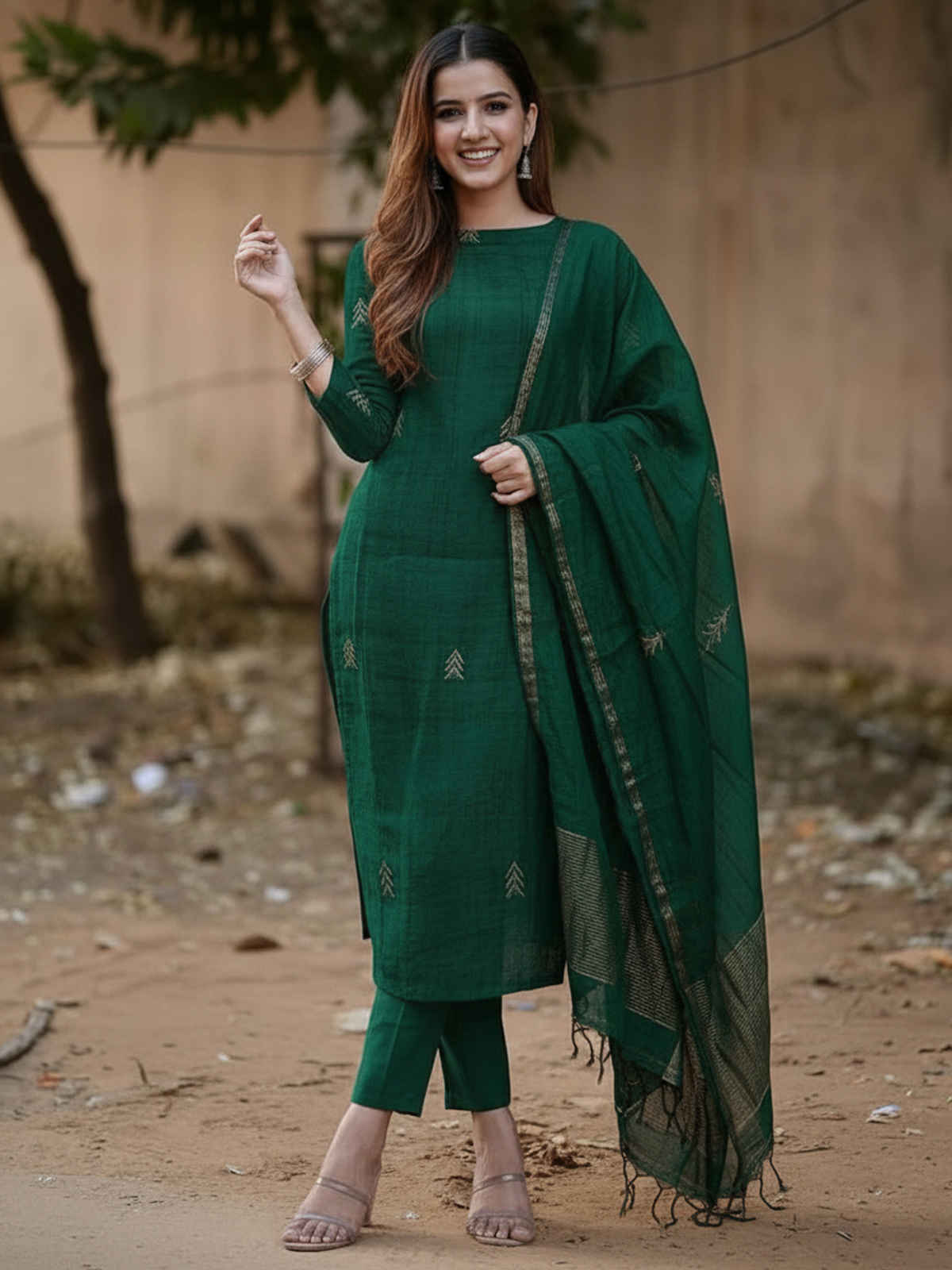GoSriKi Women's Rayon Blend Printed Straight Kurta Set With Dupatta | GREEN | M