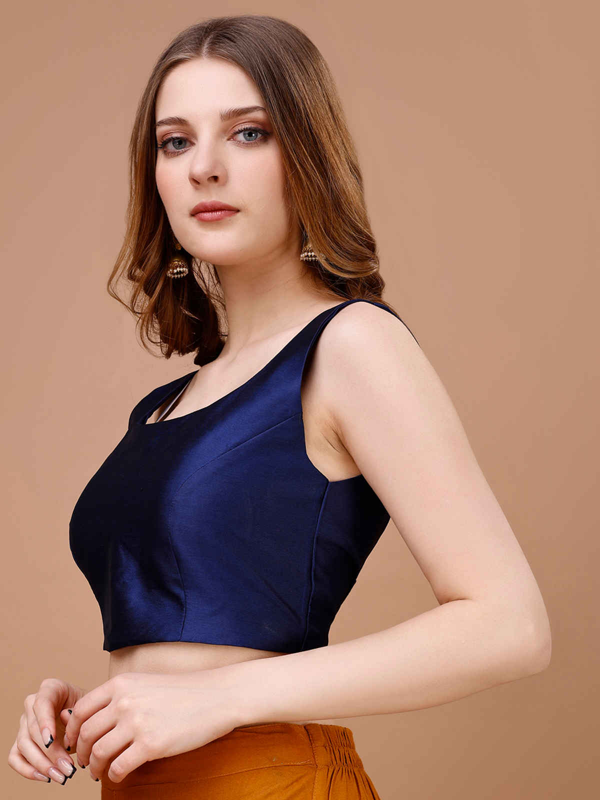 Tikhi Imli Women's Taffeta Sleeveless Stitched Blouse | Blue - L