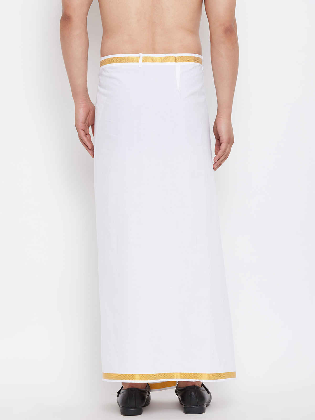 Vastramay Men's White and Gold Velcro Mundu/Veshti/Dhoti with pockets | Ready To Wear | Free Size