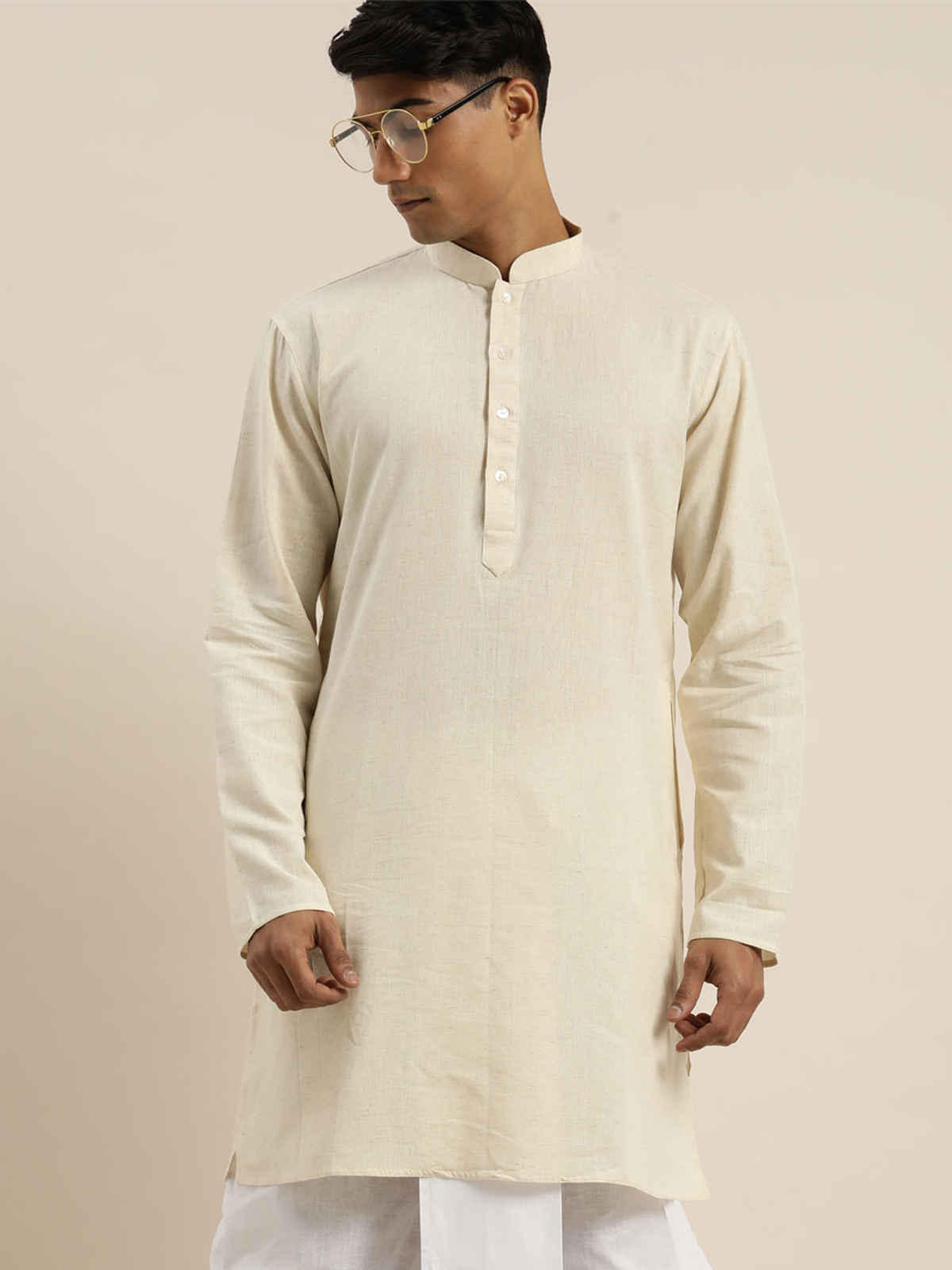 Vastramay Men's Cotton Short Kurta | Cream - S
