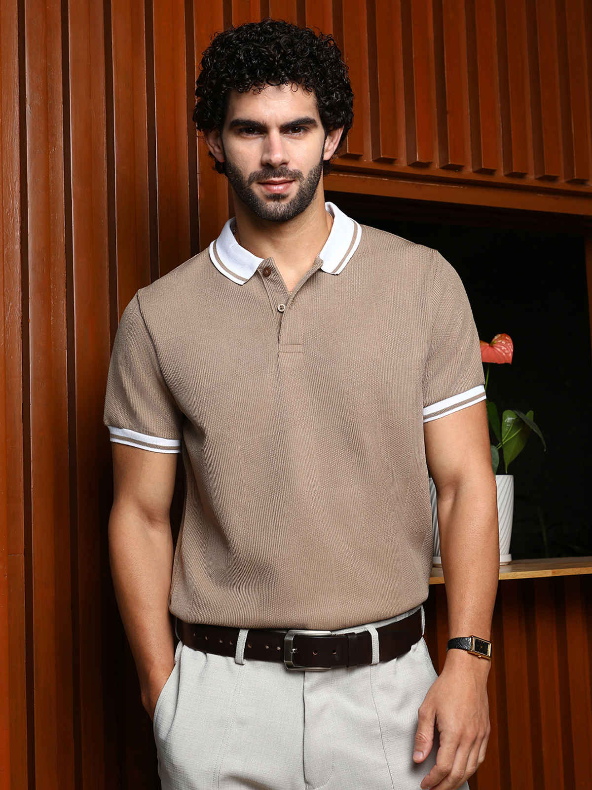 Campus Sutra Men's Cuboid-Stripe Polo T-Shirt | Sand Beige - L