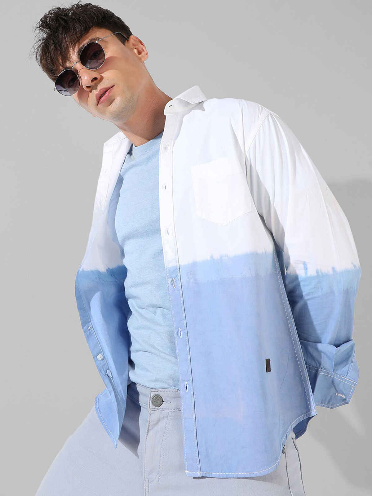 Campus Sutra Men's Contrast Ombre Shirt | White & Blue - S