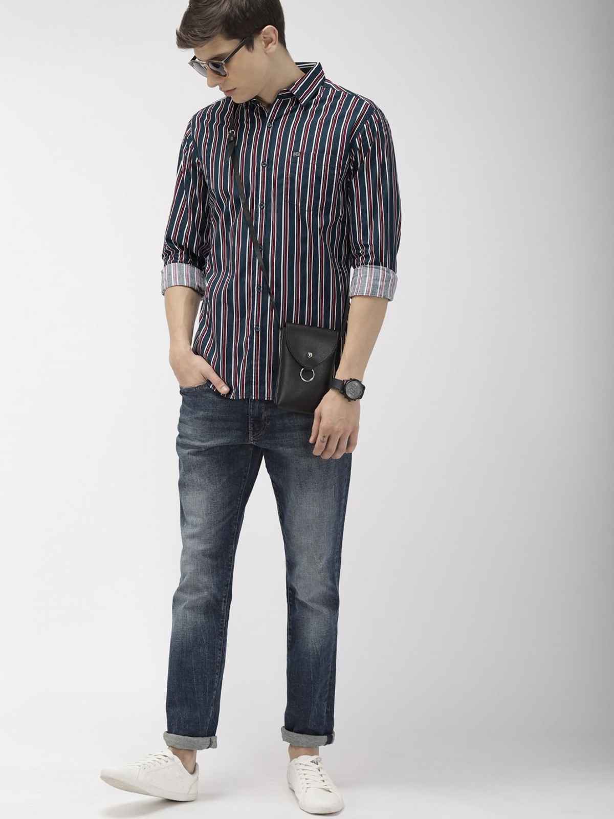 The Indian Garage Co Men's Slim Fit Multi Stripes Casual Shirt | Navy Blue - 2XL