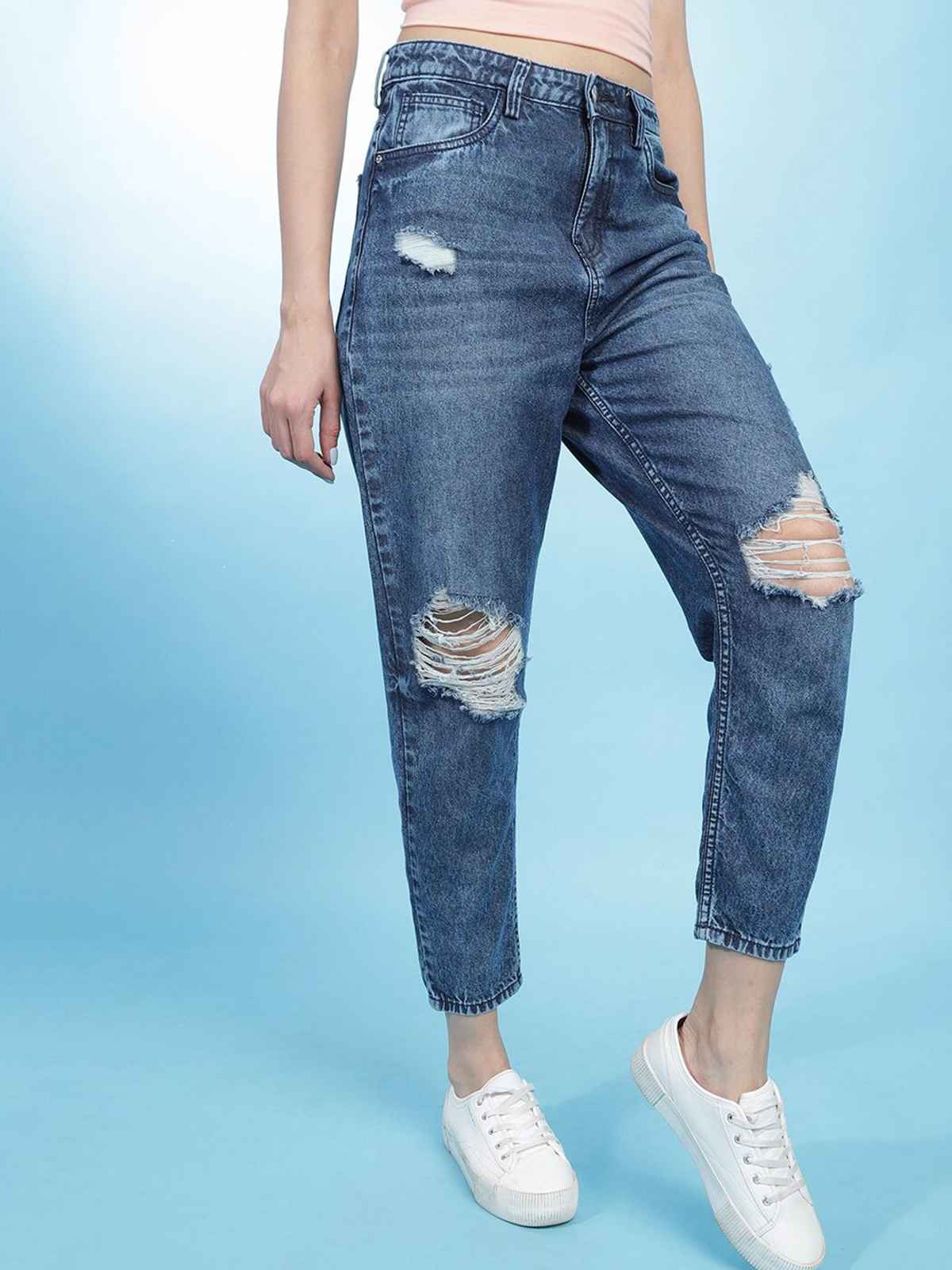 Freehand Women's Mid - Rise Distressed Mom Fit Jeans | Blue - 28