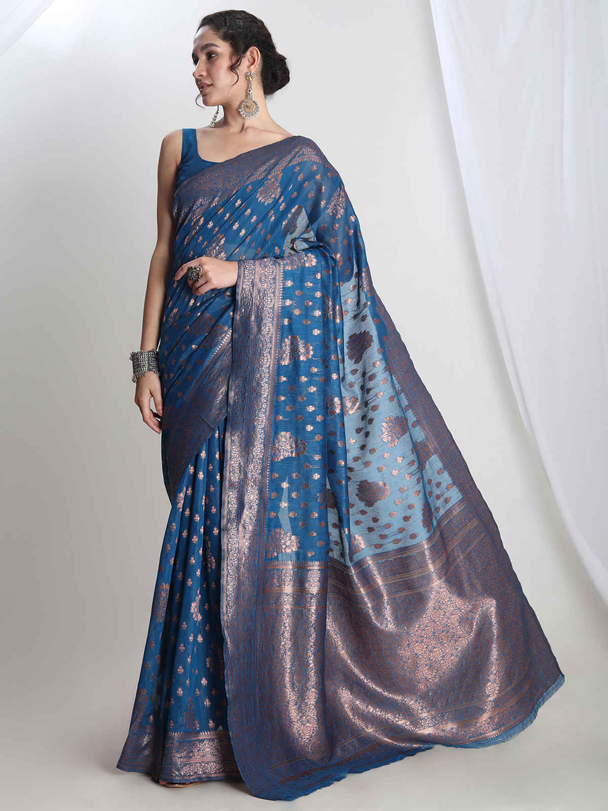 Janasya Women's Silk Blend Floral Design Jacquard Saree with Blouse Piece | SAR616 | Teal Blue