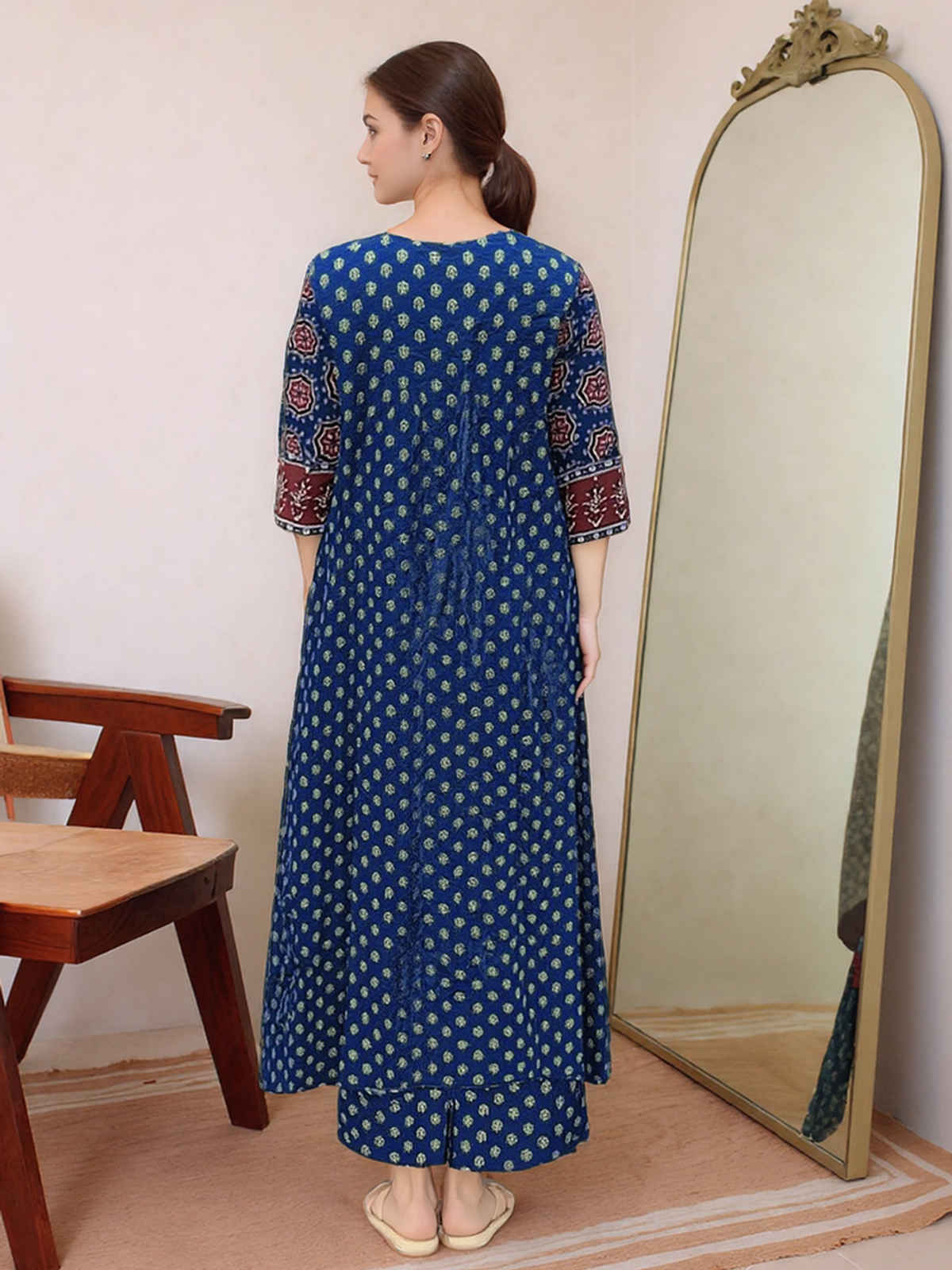 GoSriKi Women's Viscose Rayon Anarkali Printed Kurta with Pant & Dupatta | NAKULA | Blue - L