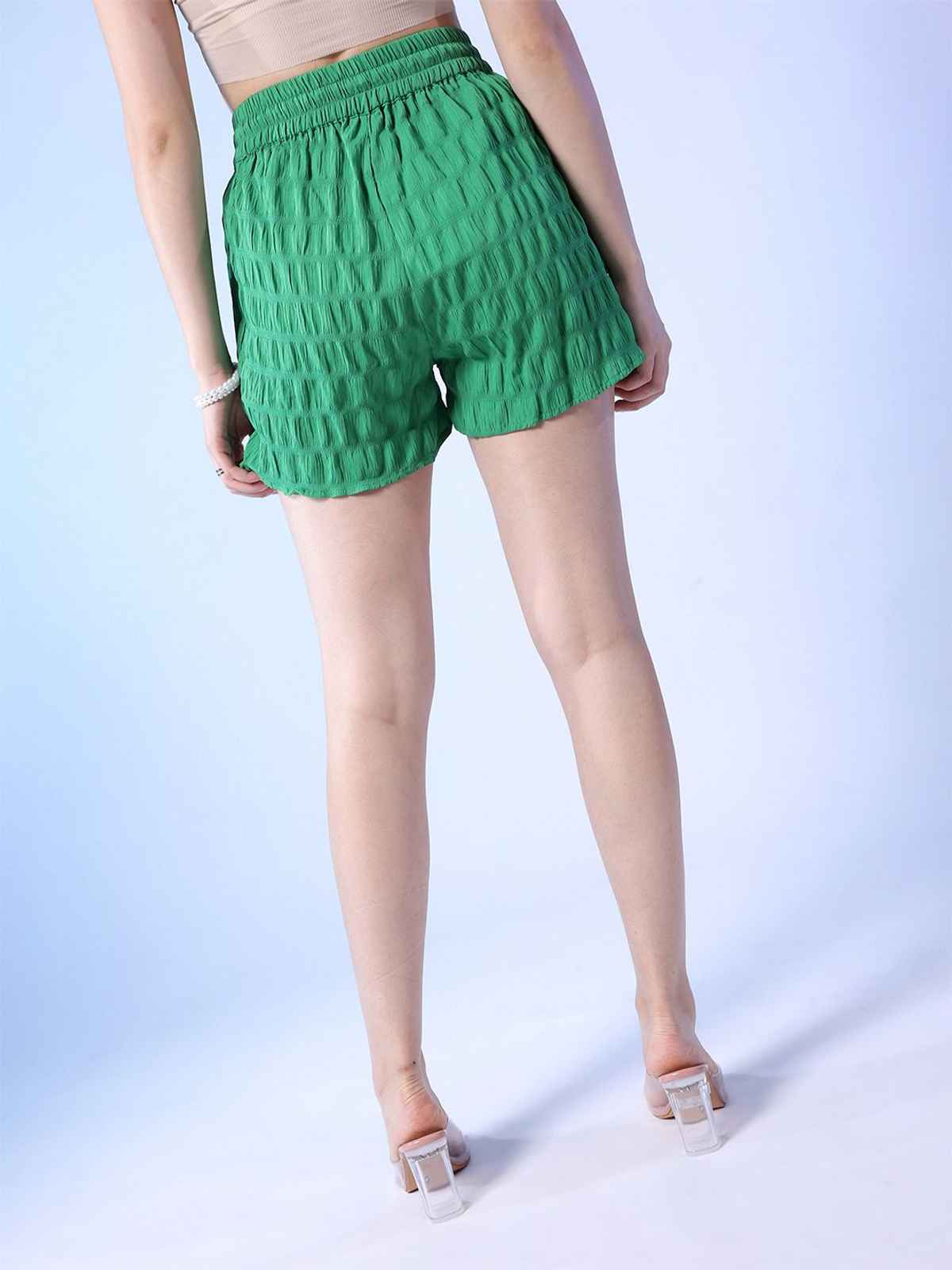 Freehand Women's Elasticated Seer Sucker Shorts With Drawstring | Green - 28